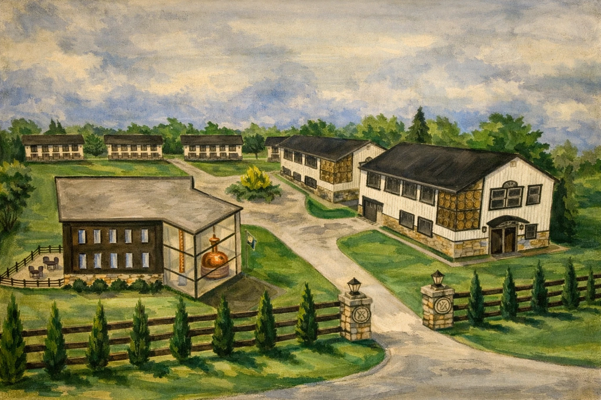 Concept rendering of the Barrel House Distilling Co Cynthiana location, showing multiple barrel-style buildings along a landscaped drive with a central distillery structure.