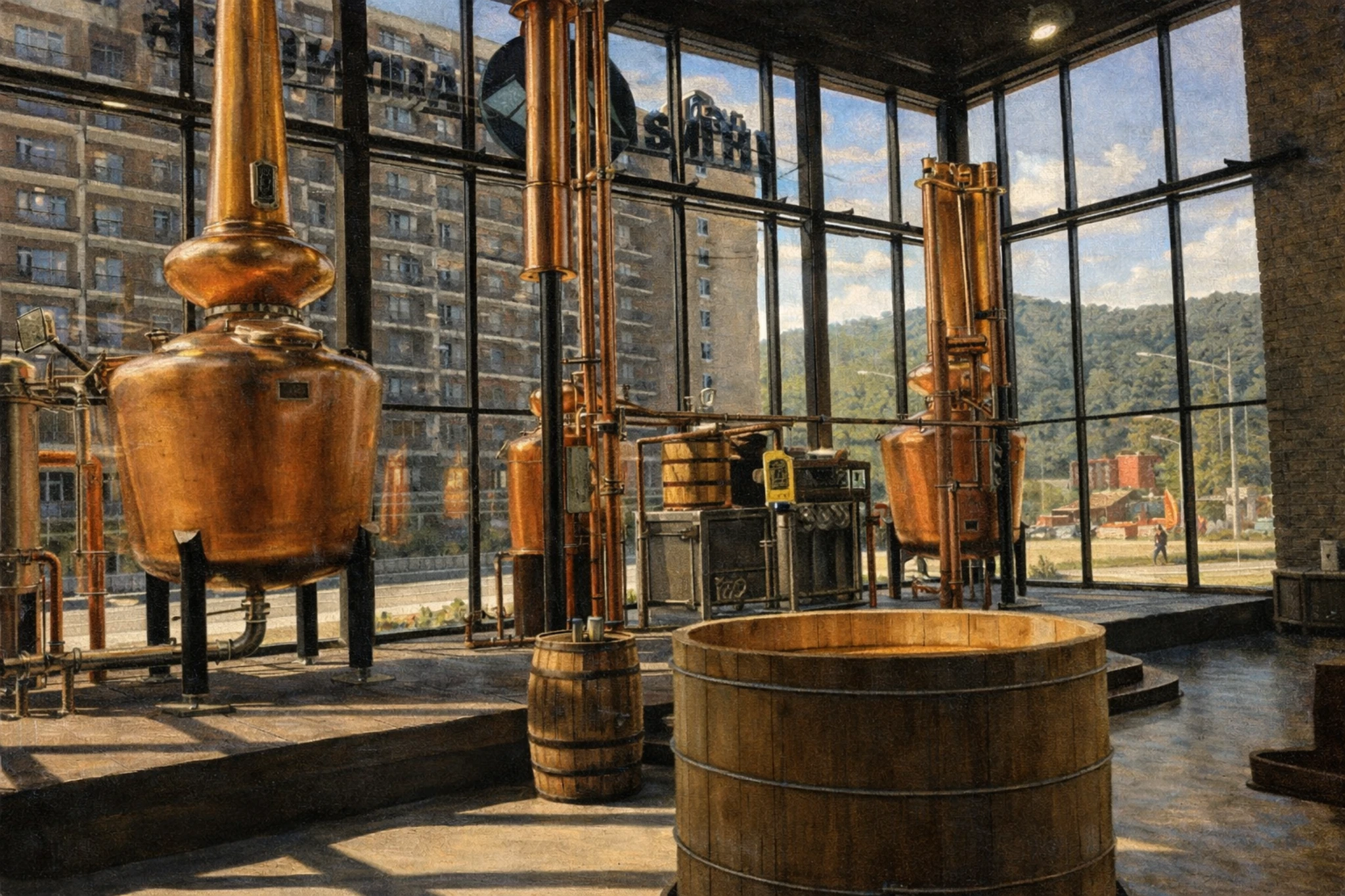 Copper pot stills inside Brothers Wright Distilling Co, with large windows overlooking downtown and polished distillation equipment on display.