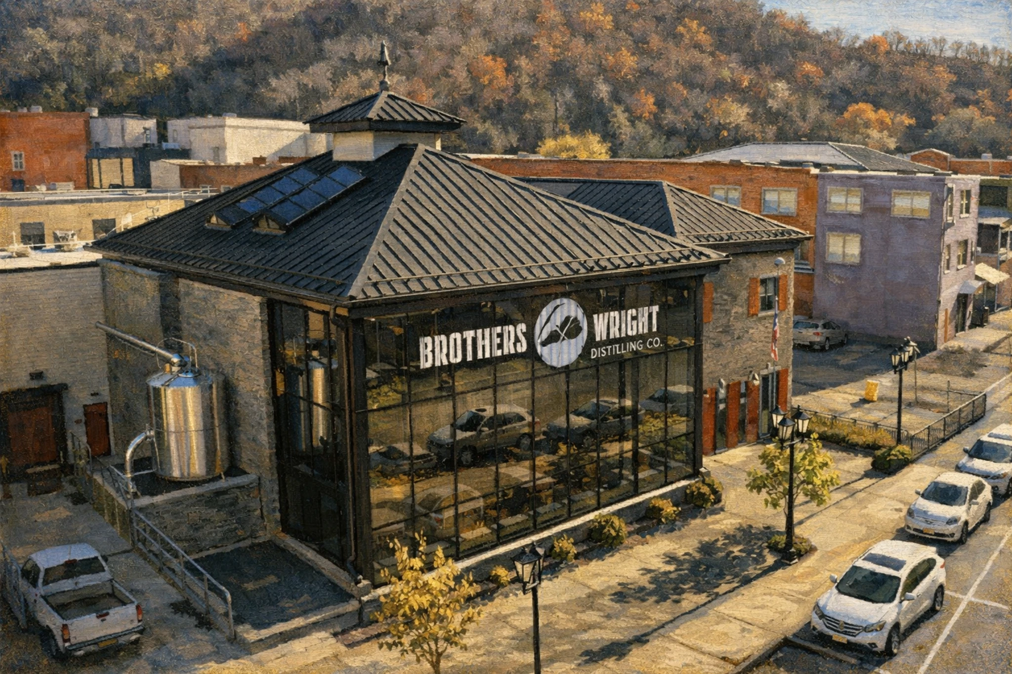 Exterior aerial view of Brothers Wright Distilling Co. showing a modern glass-front distillery building along an urban street with surrounding downtown buildings.