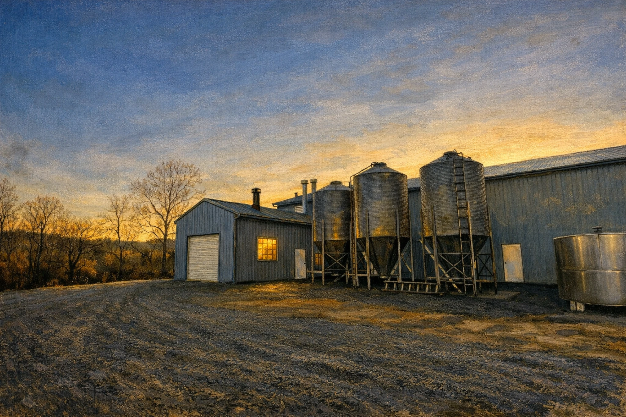 Exterior view of Coal Pick Distillery production building at sunset with metal silos and rural surroundings.