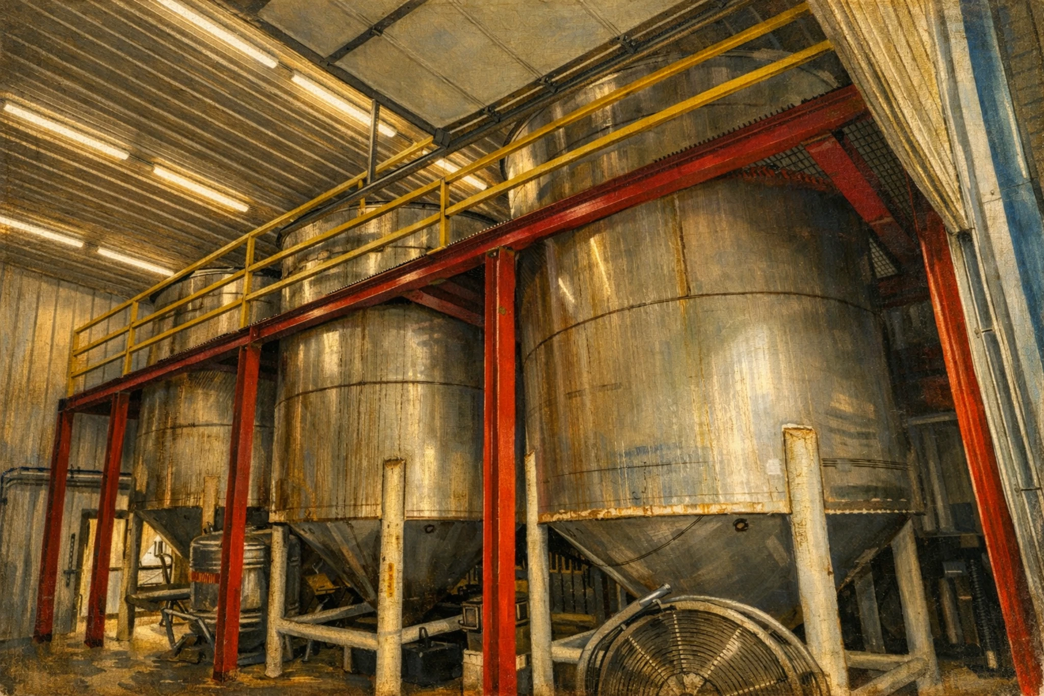 Large stainless steel fermentation tanks inside Coal Pick Distillery production facility.