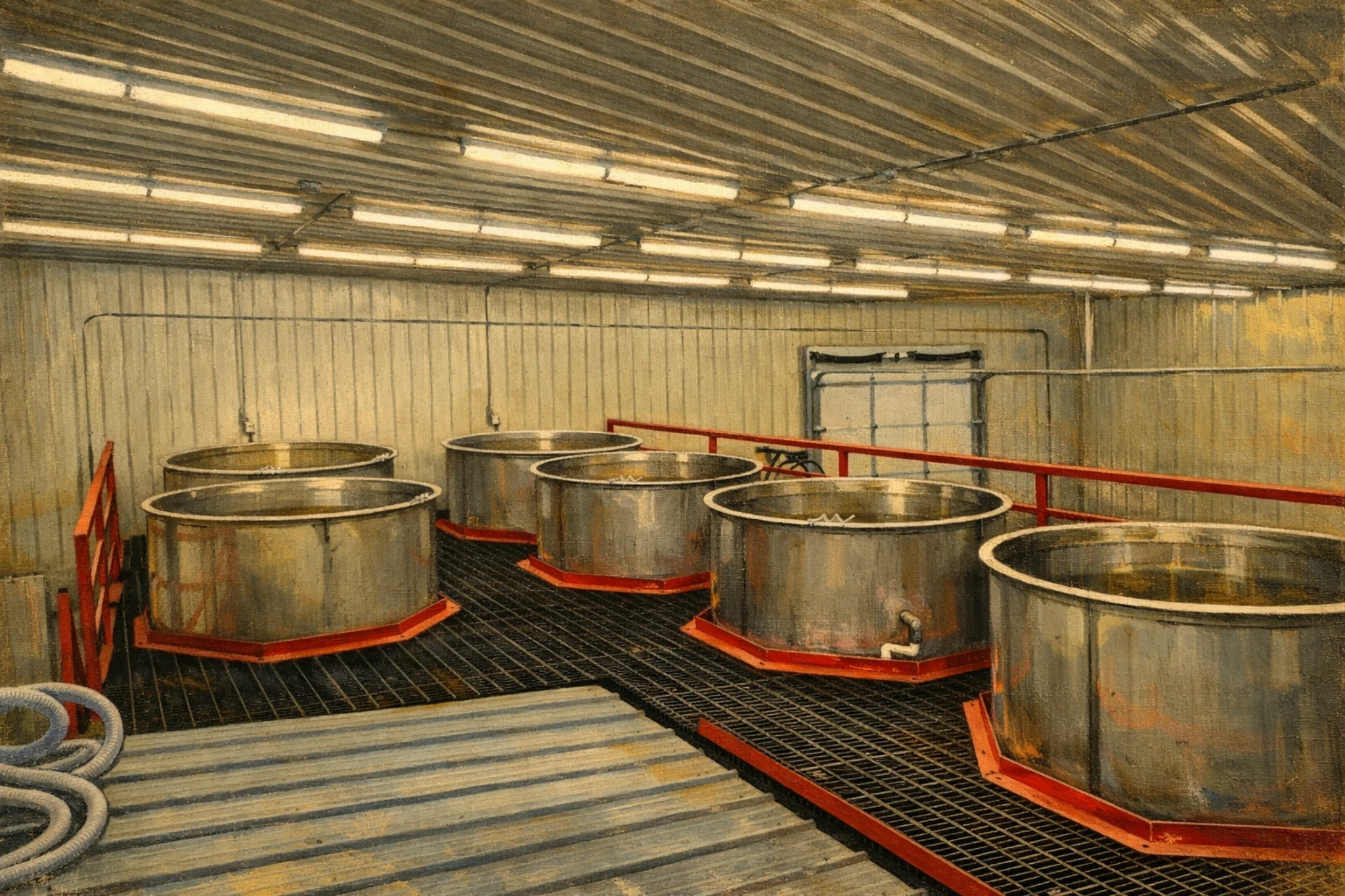 Open-top fermentation vats inside Coal Pick Distillery with industrial lighting and metal walkways.