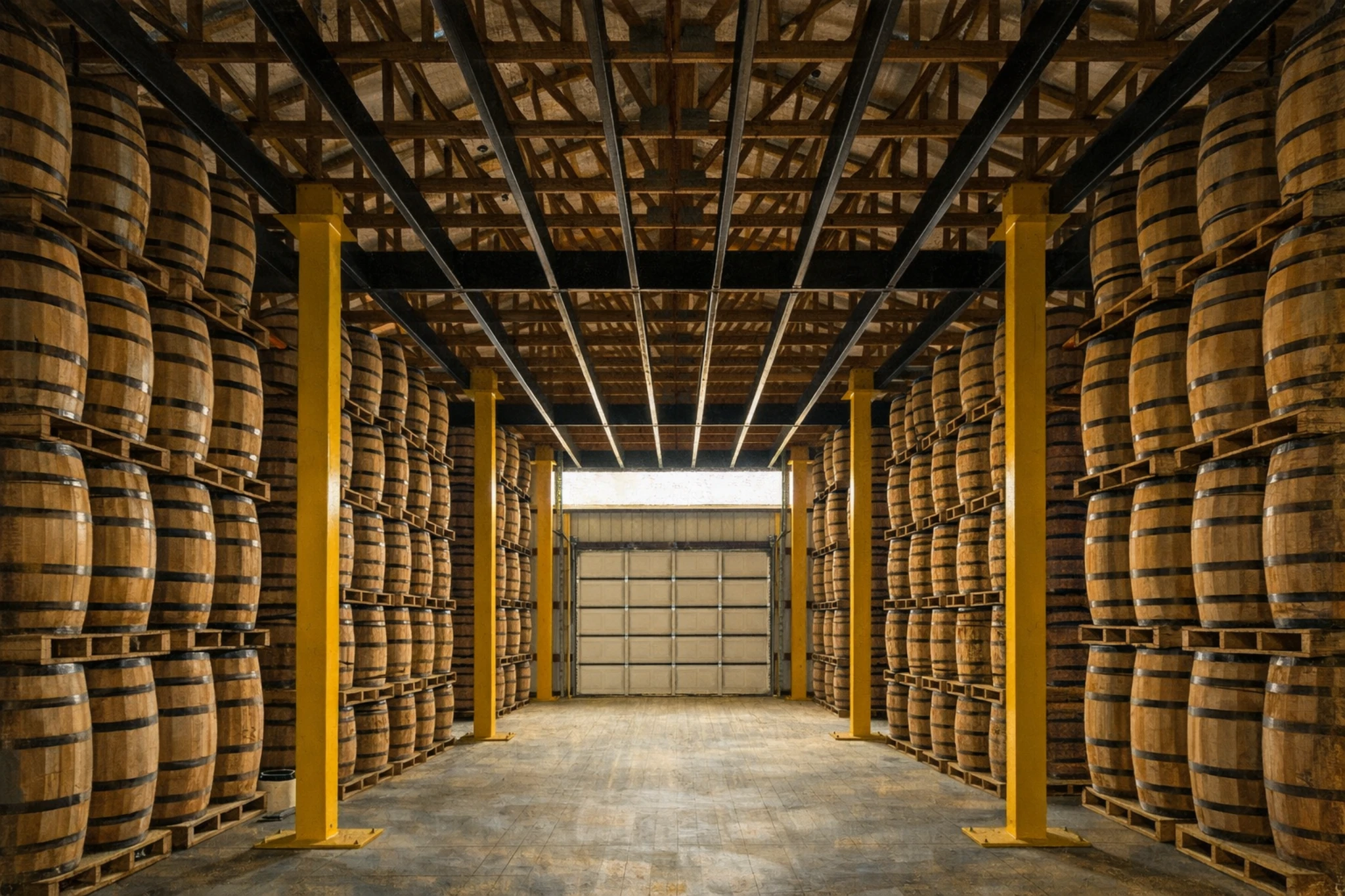 Rows of aging bourbon barrels stacked inside Coal Pick Distillery rickhouse.
