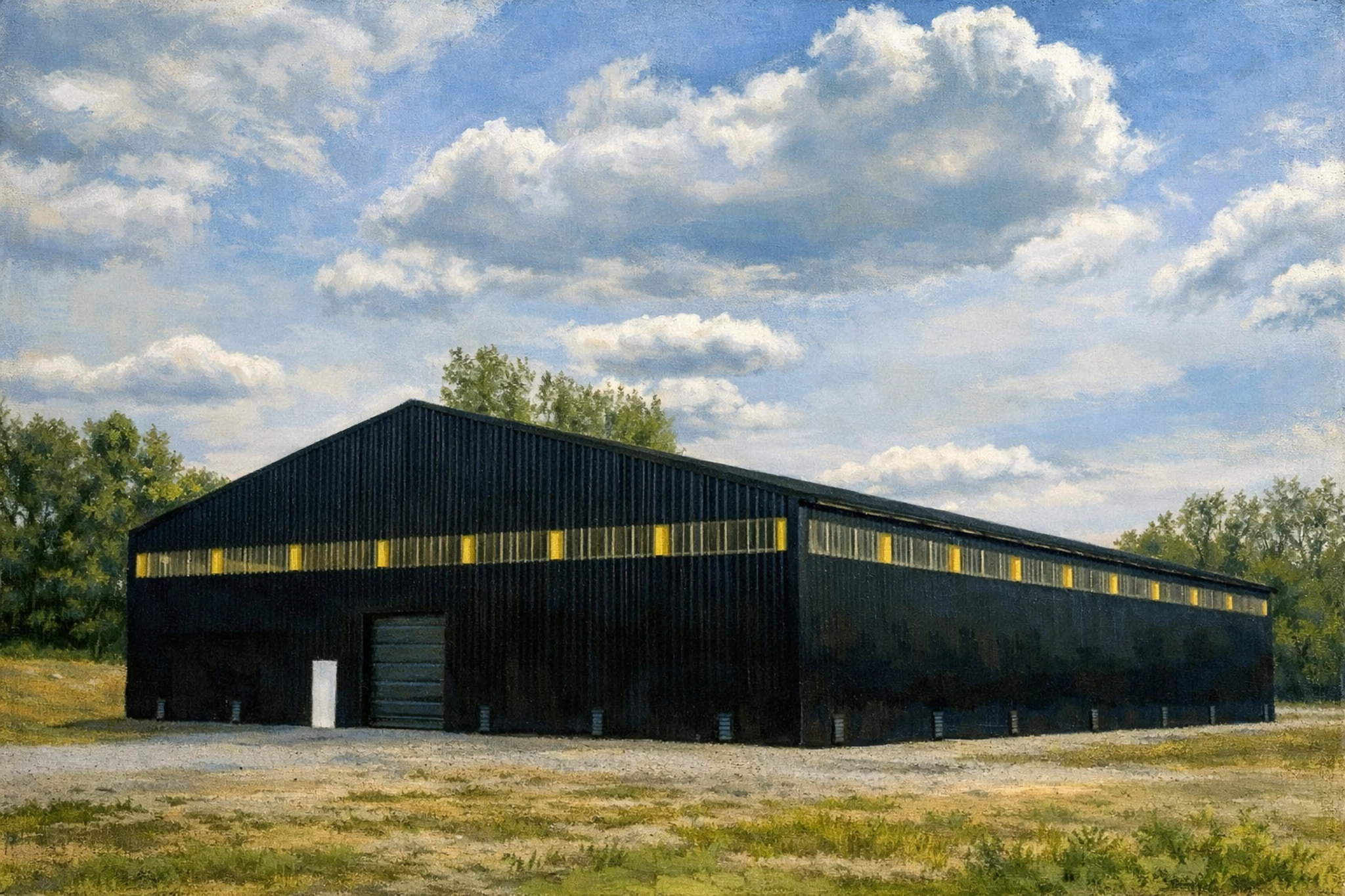 Modern black rickhouse building at Coal Pick Distillery set against a blue sky.