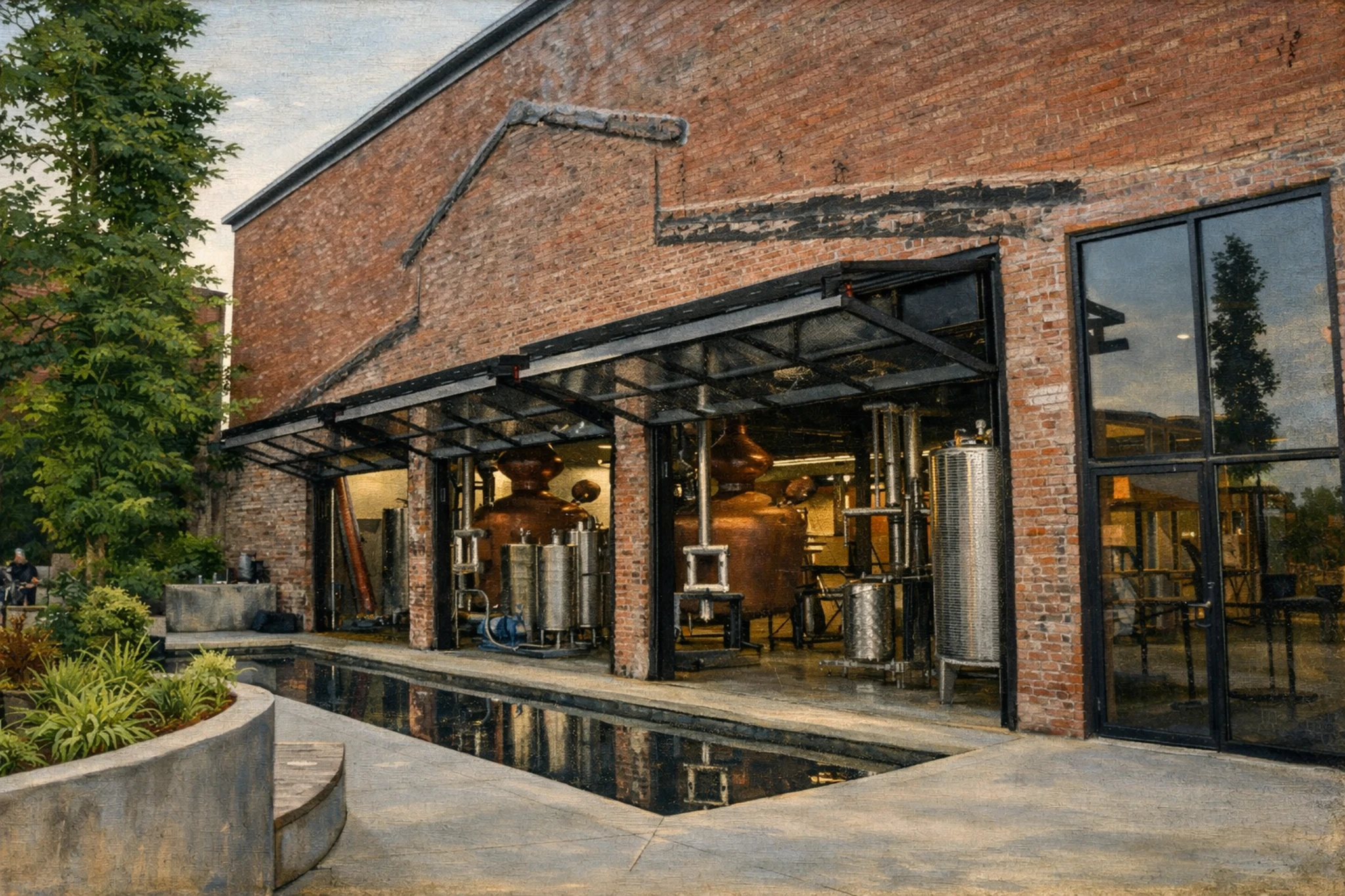 Copper pot stills visible through open glass doors at Copper & Kings Distillery.