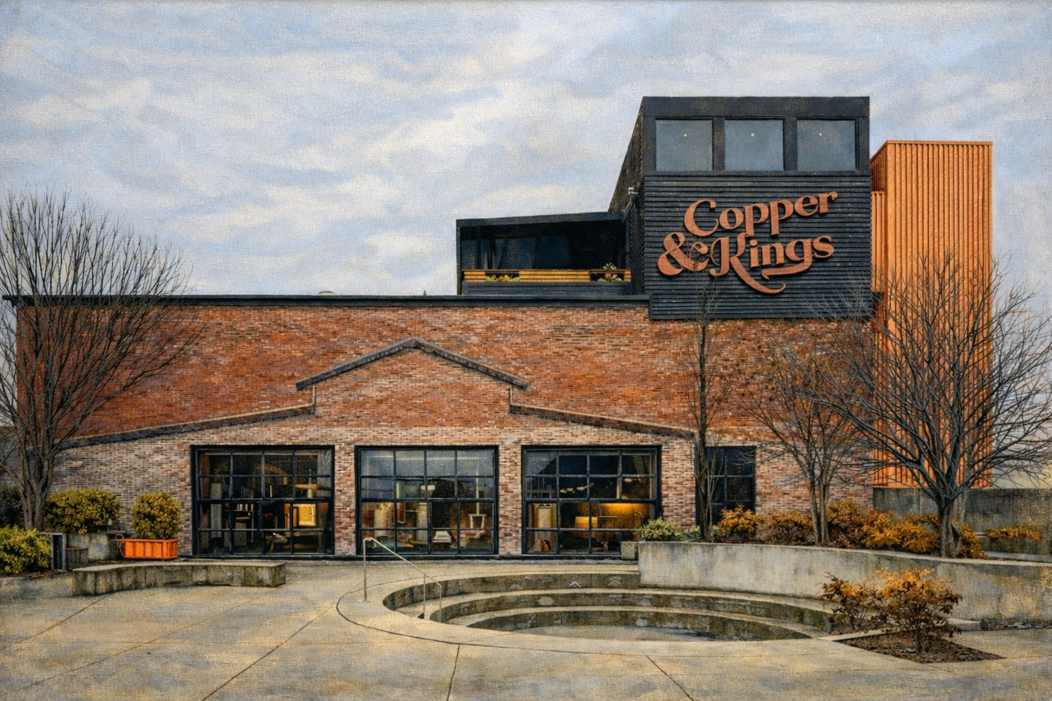 Courtyard and main building at Copper & Kings Distillery in Louisville, Kentucky.