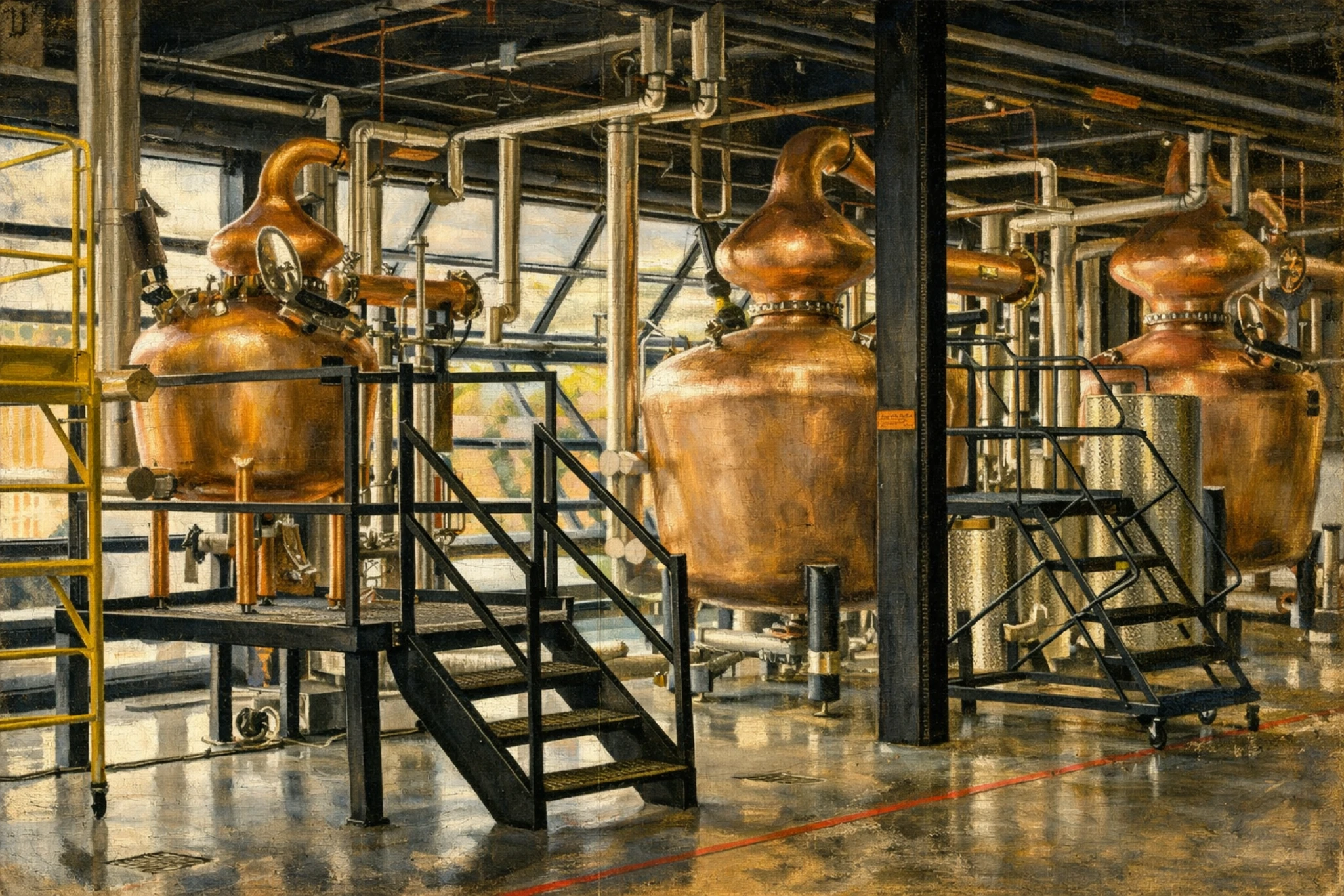Interior view of copper pot stills and distilling equipment at Copper & Kings Distillery.