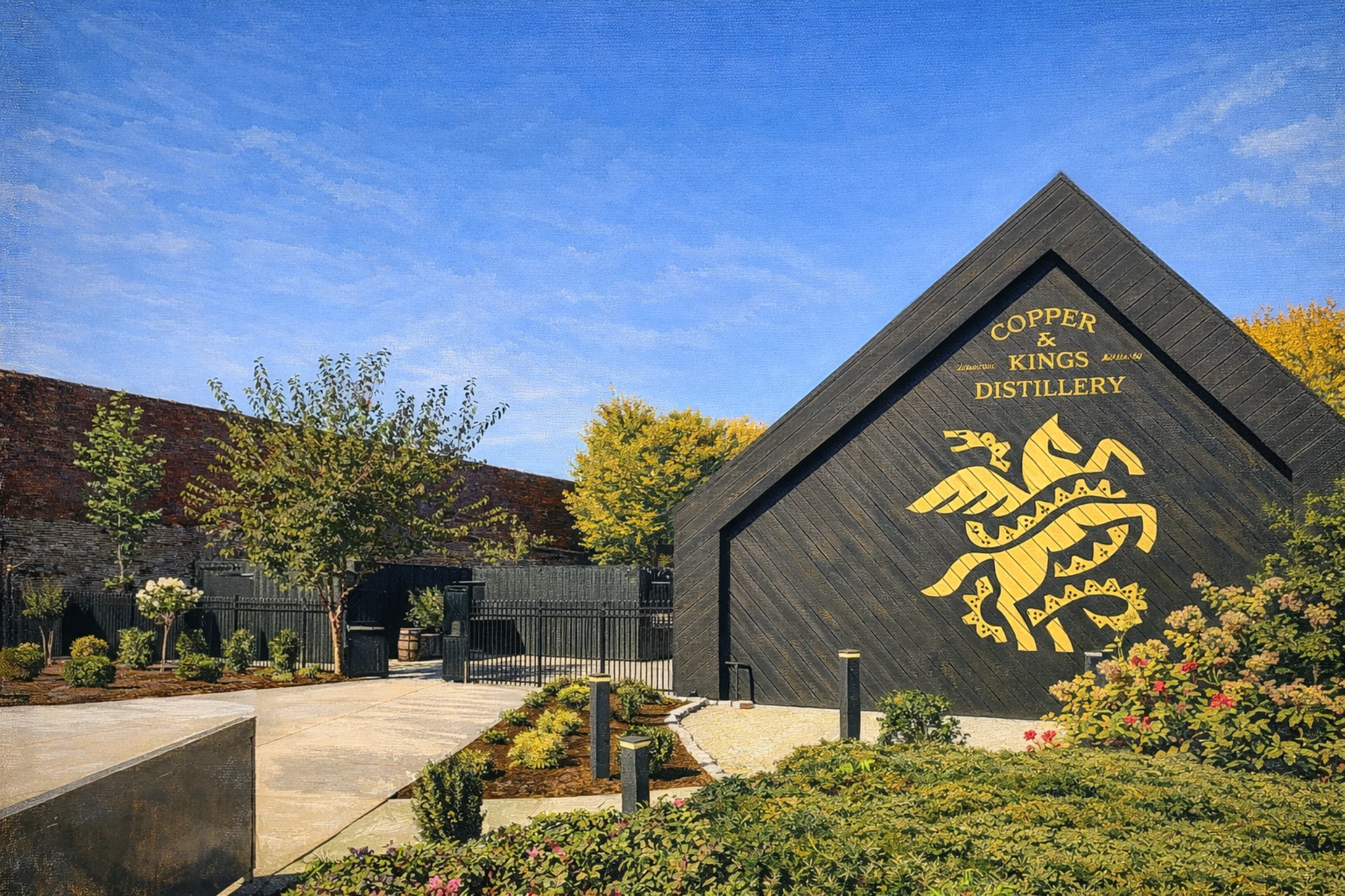 Copper & Kings Distillery exterior sign and landscaped entrance.