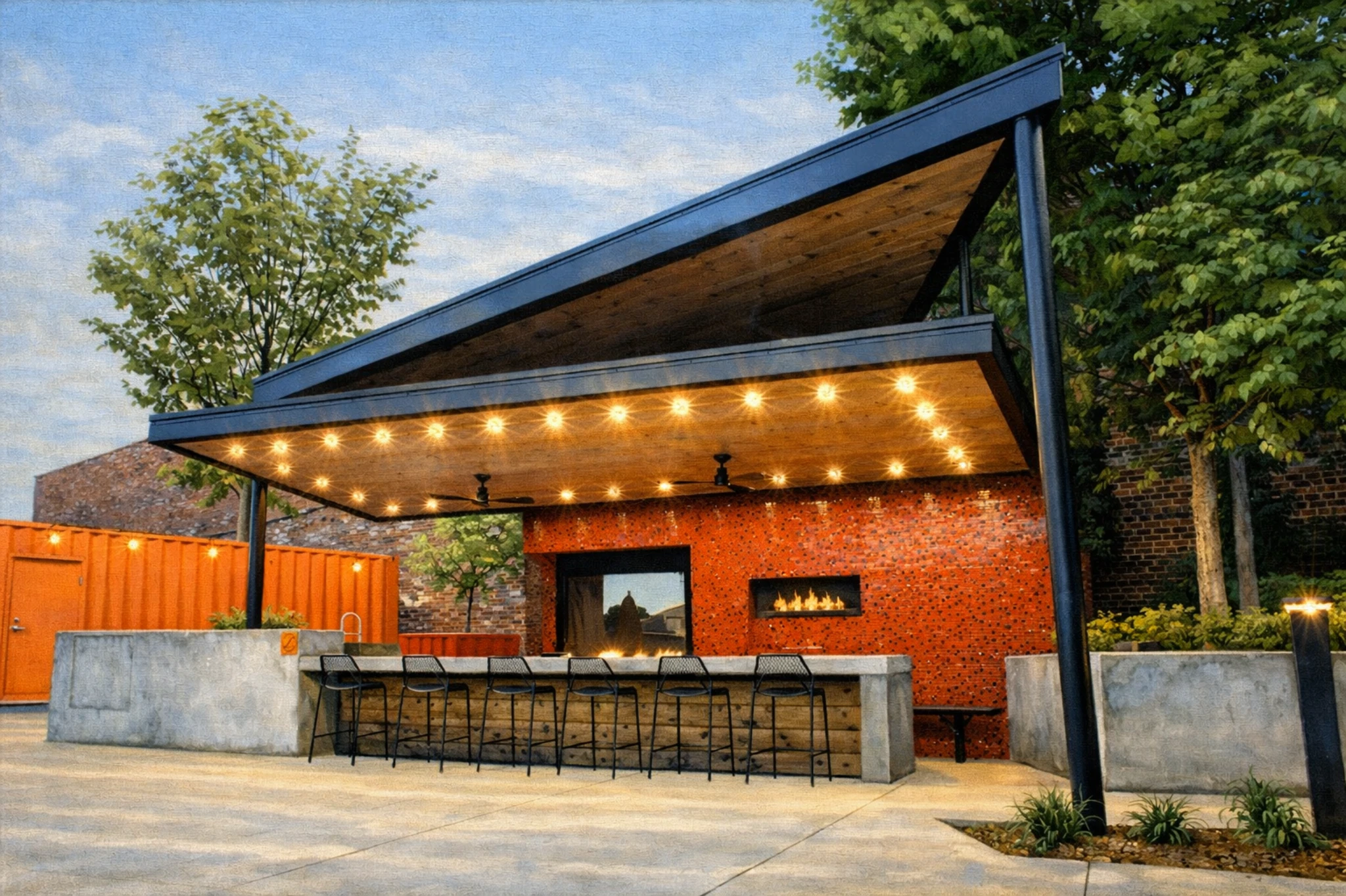 Outdoor bar and patio area at Copper & Kings Distillery in Louisville.