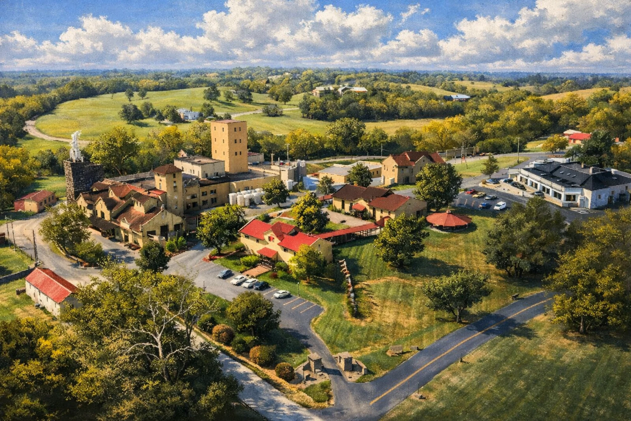 Aerial view of Four Roses Distillery campus and surrounding Kentucky countryside.