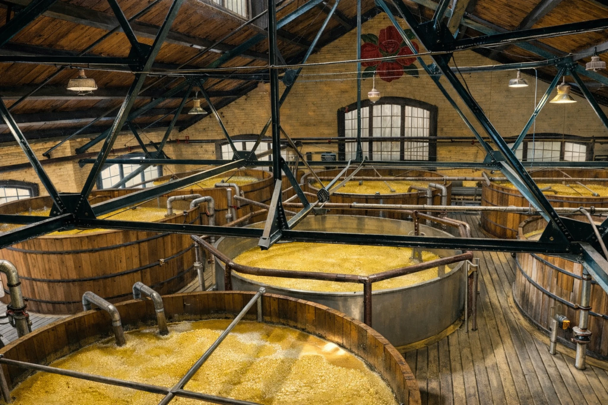 Interior of Four Roses Distillery fermentation room with large wooden vats and steel beams.