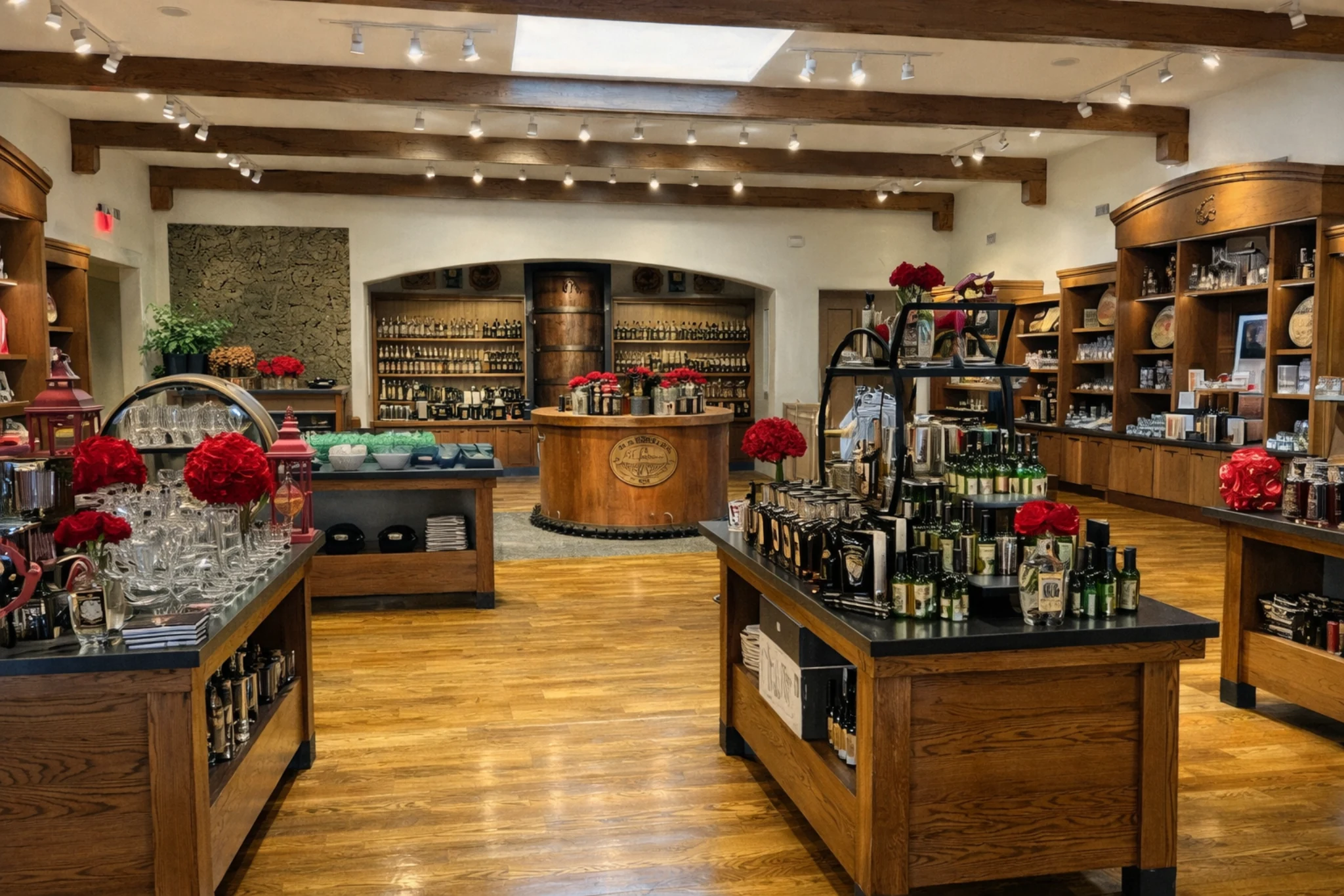 Four Roses Distillery gift shop interior with bourbon bottles, glassware, and red rose displays.
