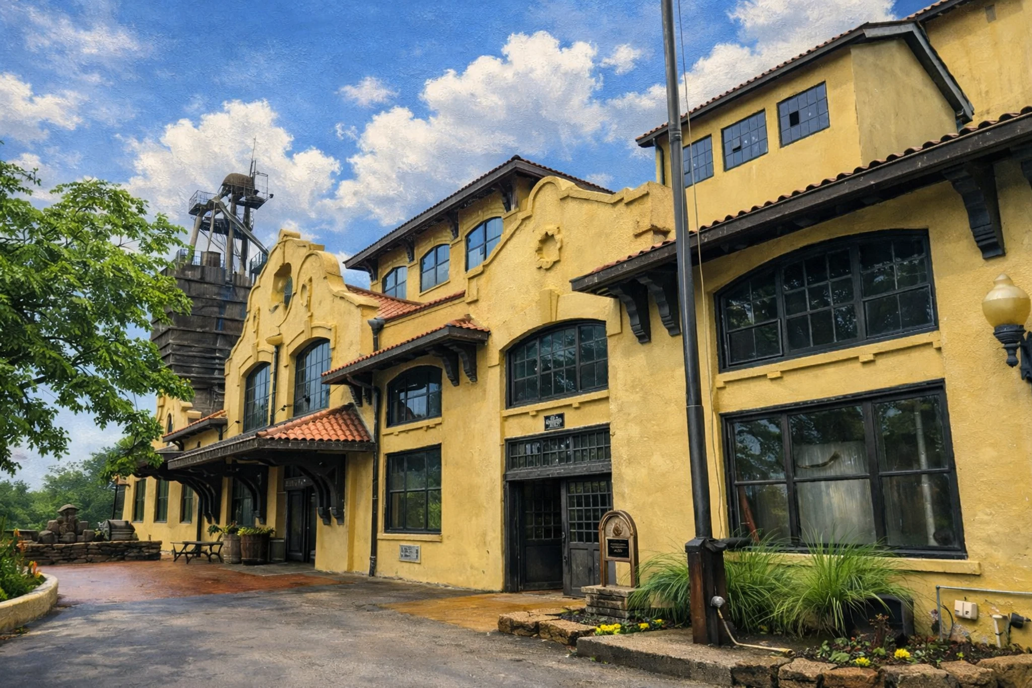 Historic Four Roses Distillery building exterior with arched windows and red tile roof.