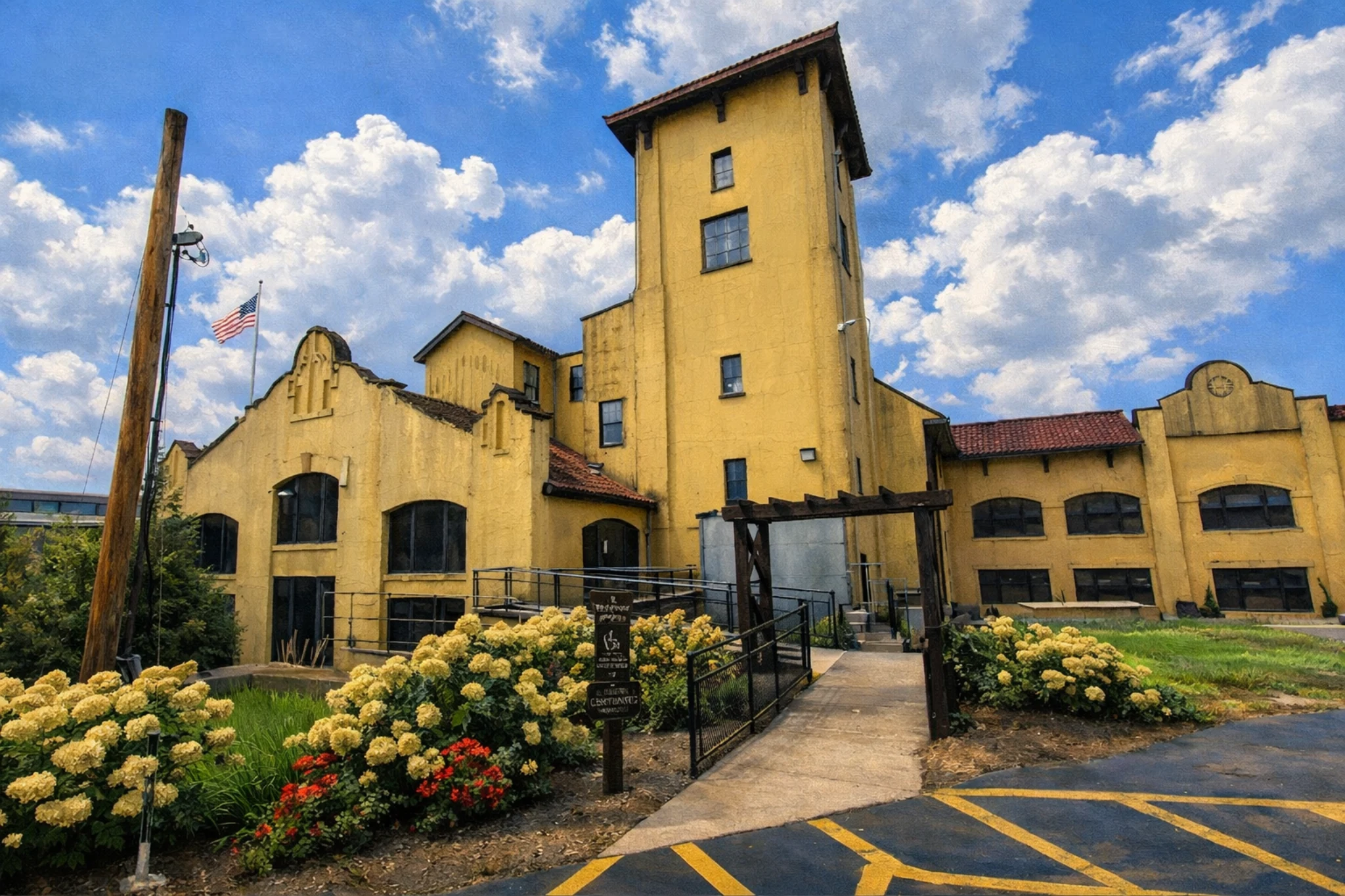 Four Roses Distillery tower building exterior with walkway, gardens, and blue sky.