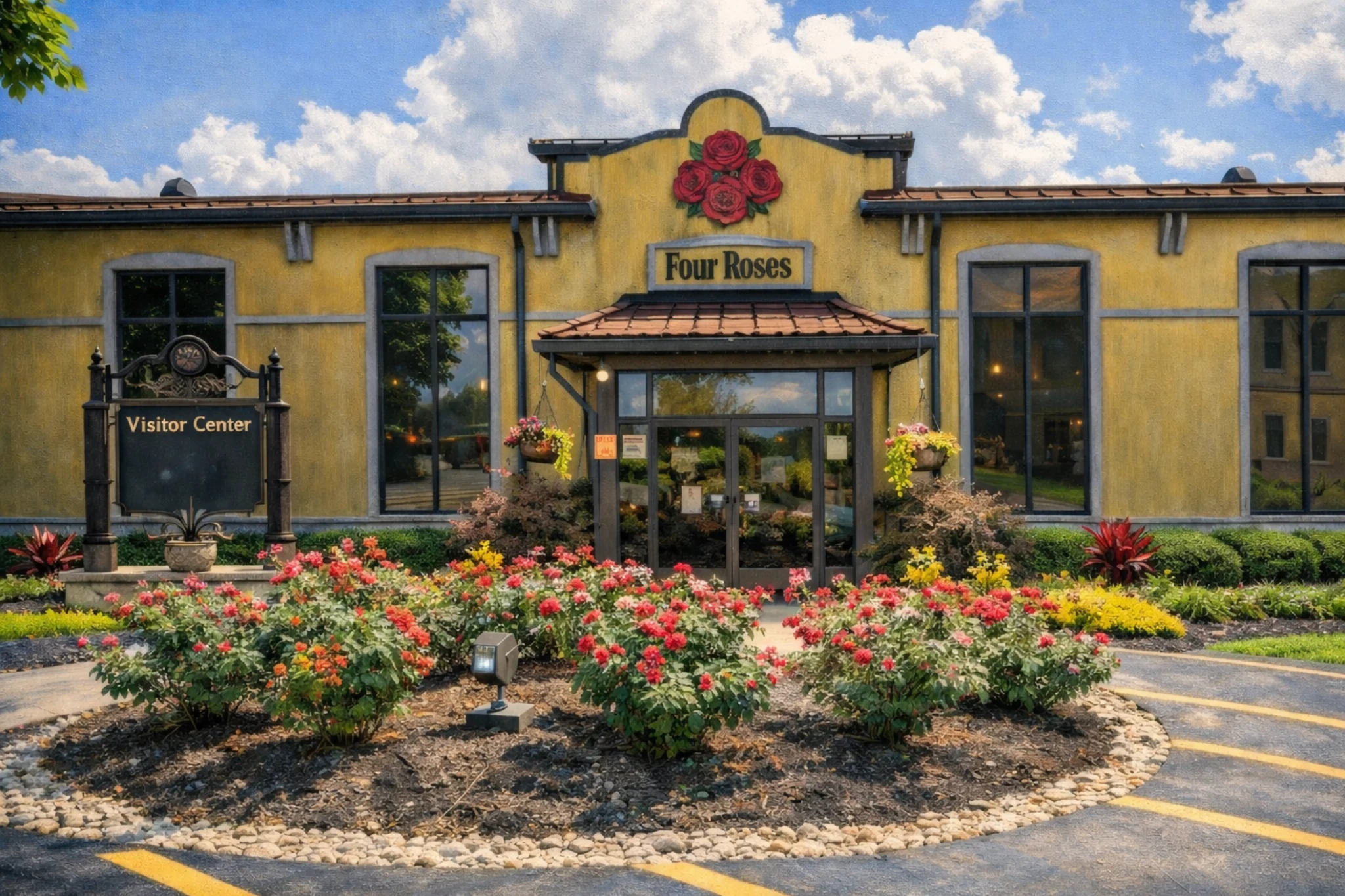 Four Roses Distillery visitor center entrance with rose garden and Four Roses sign.