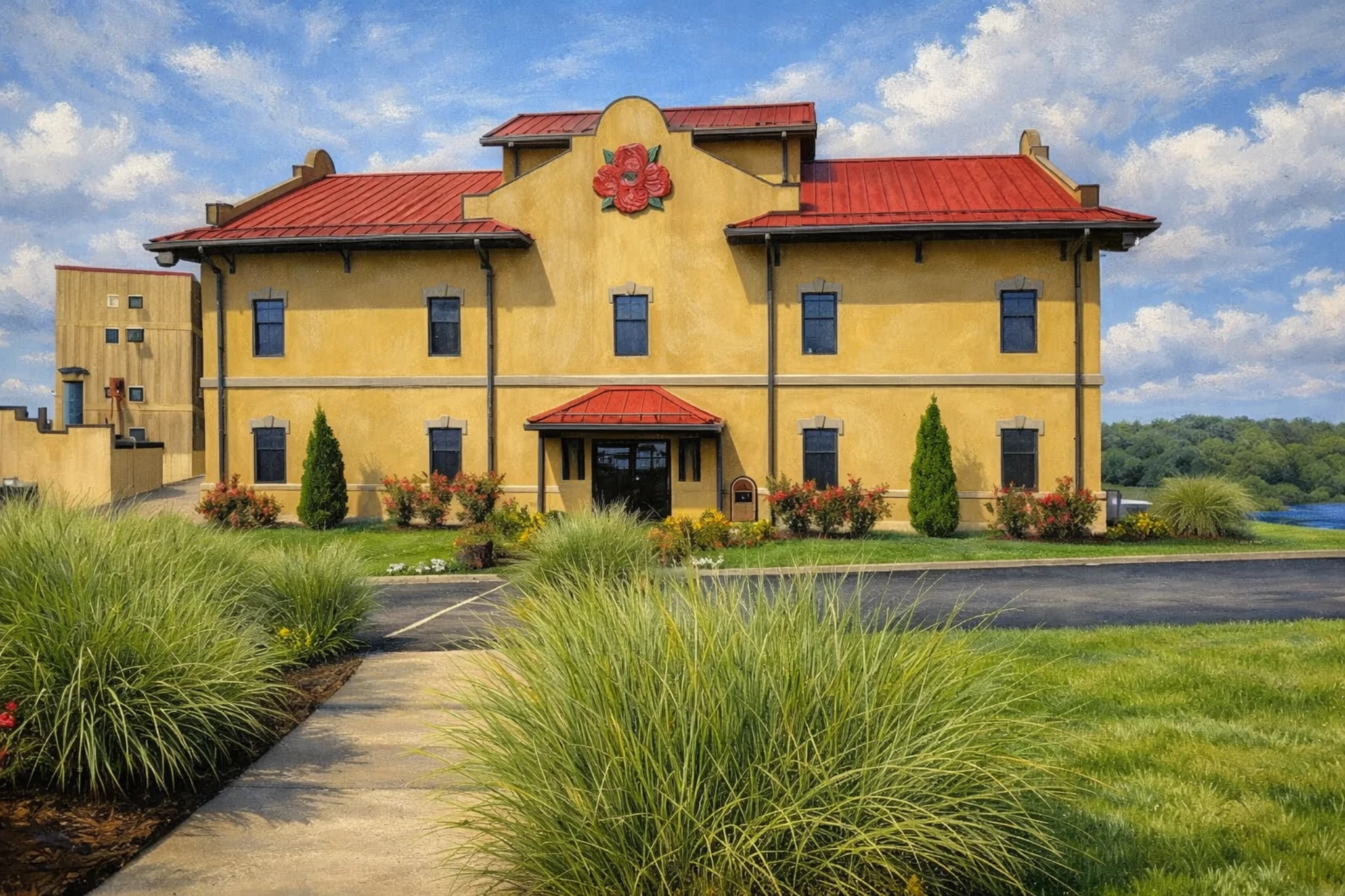Spanish Yellow Four Roses Distillery building with red roof and rose emblem, framed by landscaped grounds.