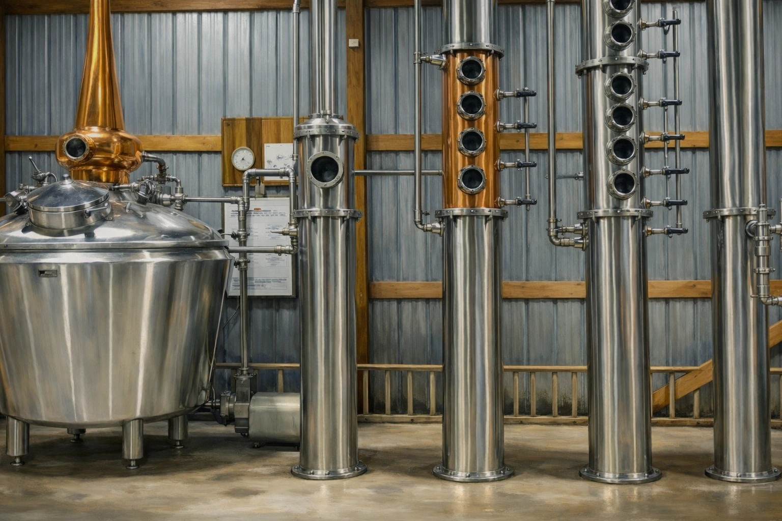 General George Stillhouse production stills, featuring a polished stainless pot still and tall copper and stainless column stills inside a corrugated metal and wood beam production space.