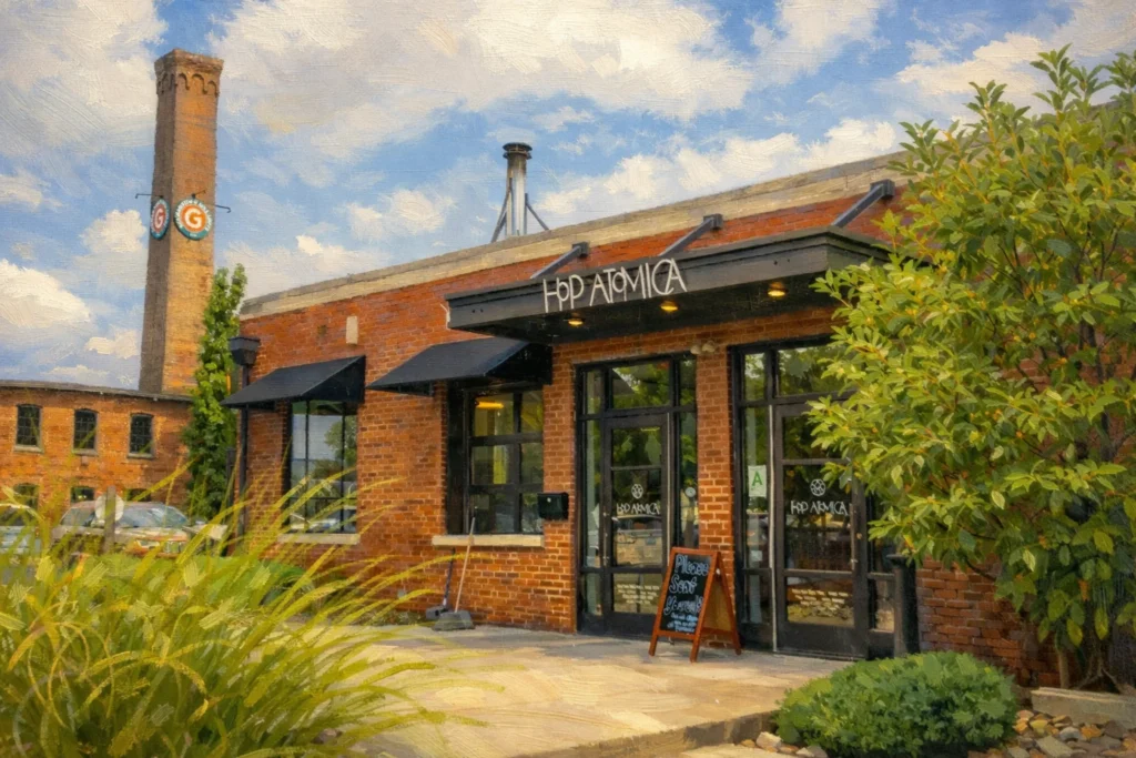 Exterior entrance of Hop Atomica in Louisville, Kentucky, a brick building with black awnings and the Hop Atomica sign.