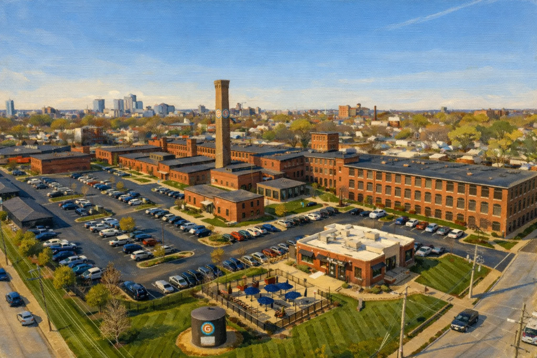 Aerial view of Hop Atomica at a brick warehouse complex in Louisville, Kentucky with a smokestack and surrounding parking lots.