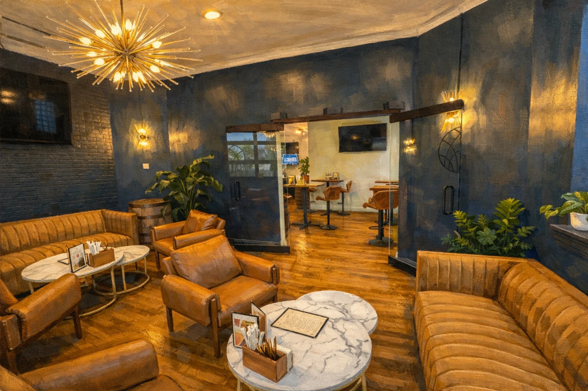 Lounge area inside Hop Atomica in Louisville, Kentucky with leather seating, marble tables, and a starburst chandelier.