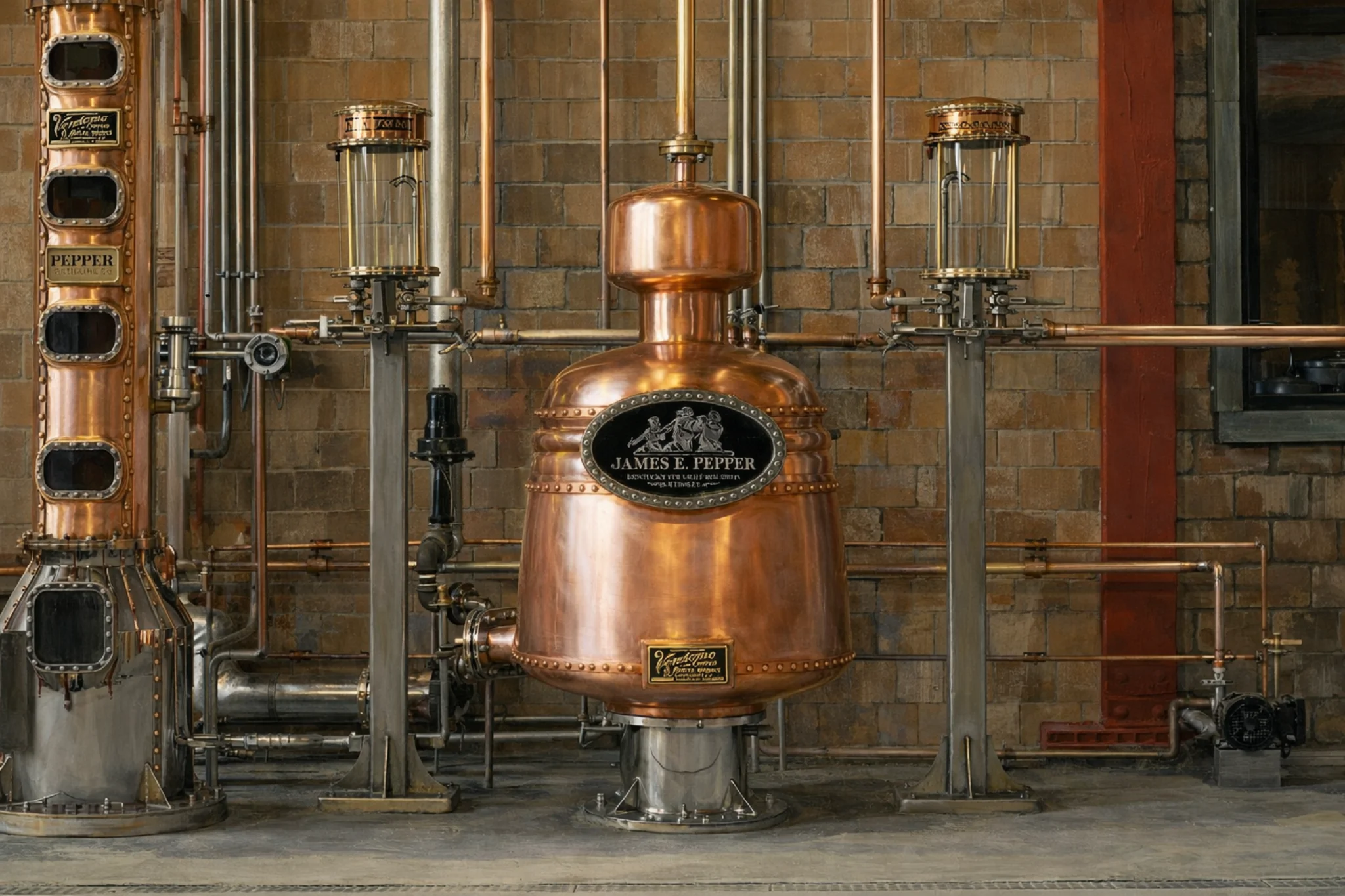 Copper pot still and distilling equipment with a James E. Pepper nameplate inside the distillery.