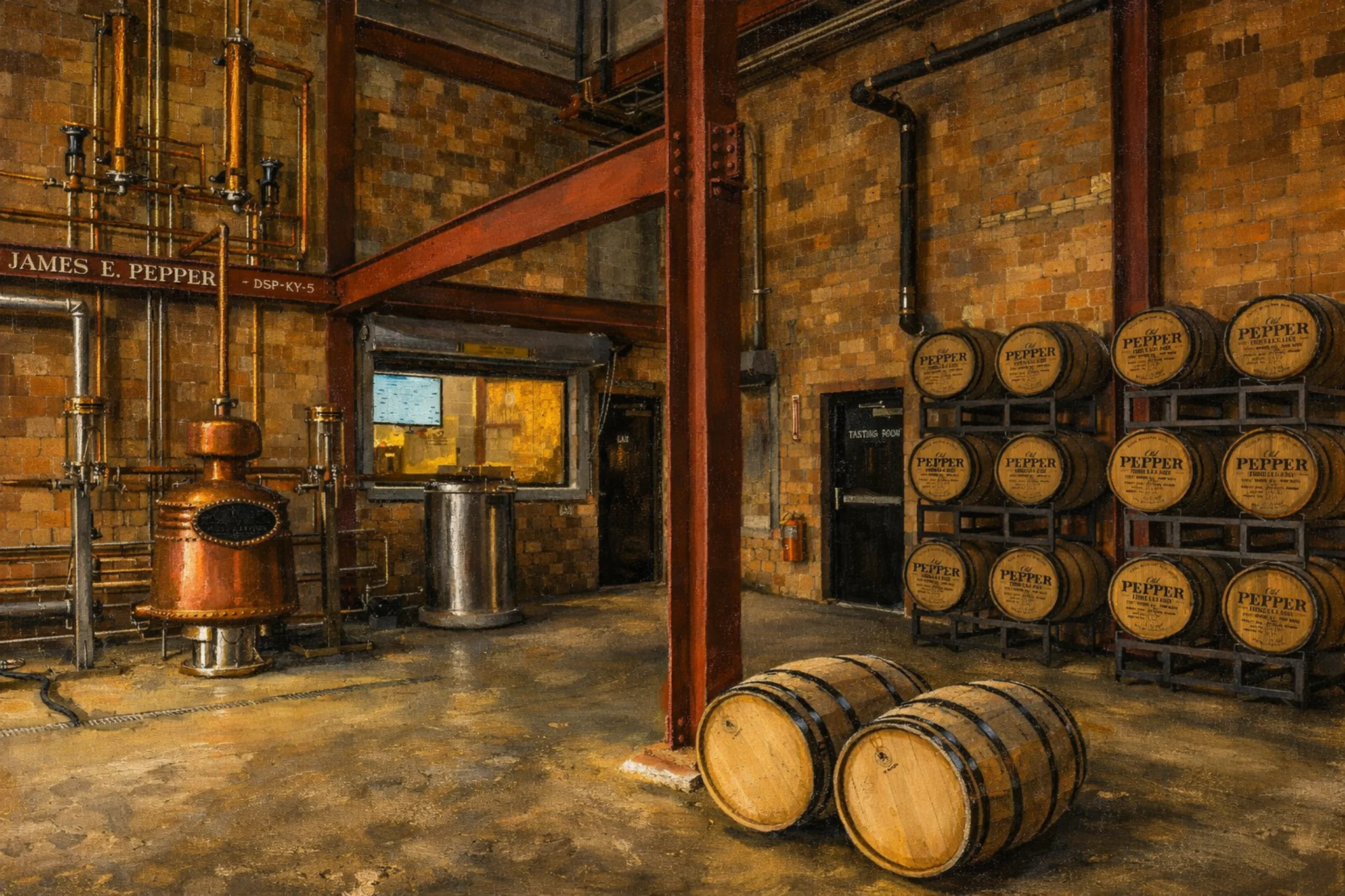 Distillery interior with stacked “Pepper” barrels on racks, a copper still, and two barrels on the floor in front.