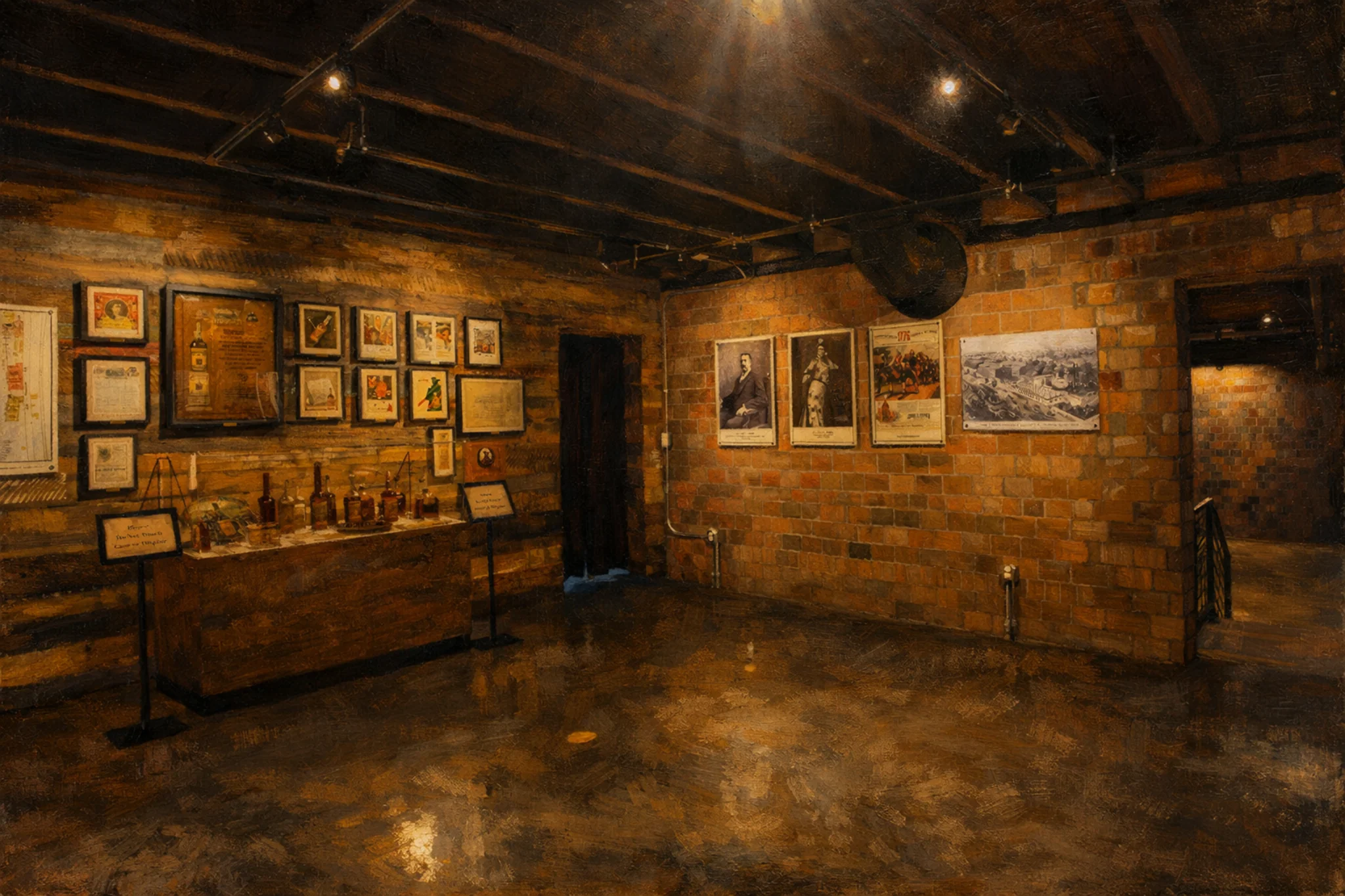 James E. Pepper Distillery history exhibit room with framed vintage posters, documents, and bourbon bottles on display.