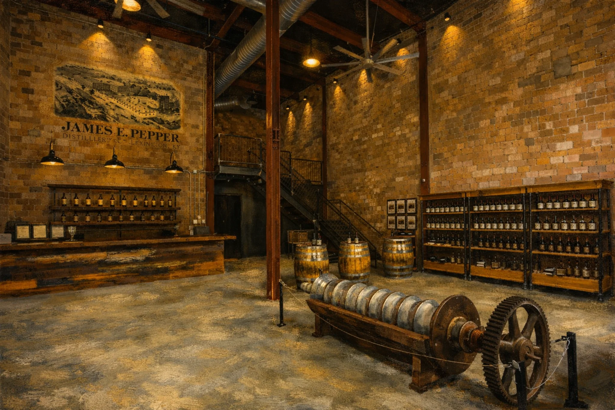 James E. Pepper Distillery tasting room with exposed brick walls, a wood bar, barrel displays, and bottle shelving.