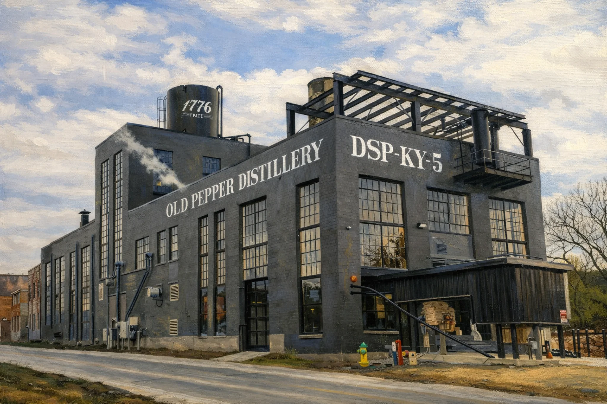 Exterior of Old Pepper Distillery building labeled “OLD PEPPER DISTILLERY” and “DSP-KY-5” under a cloudy sky.