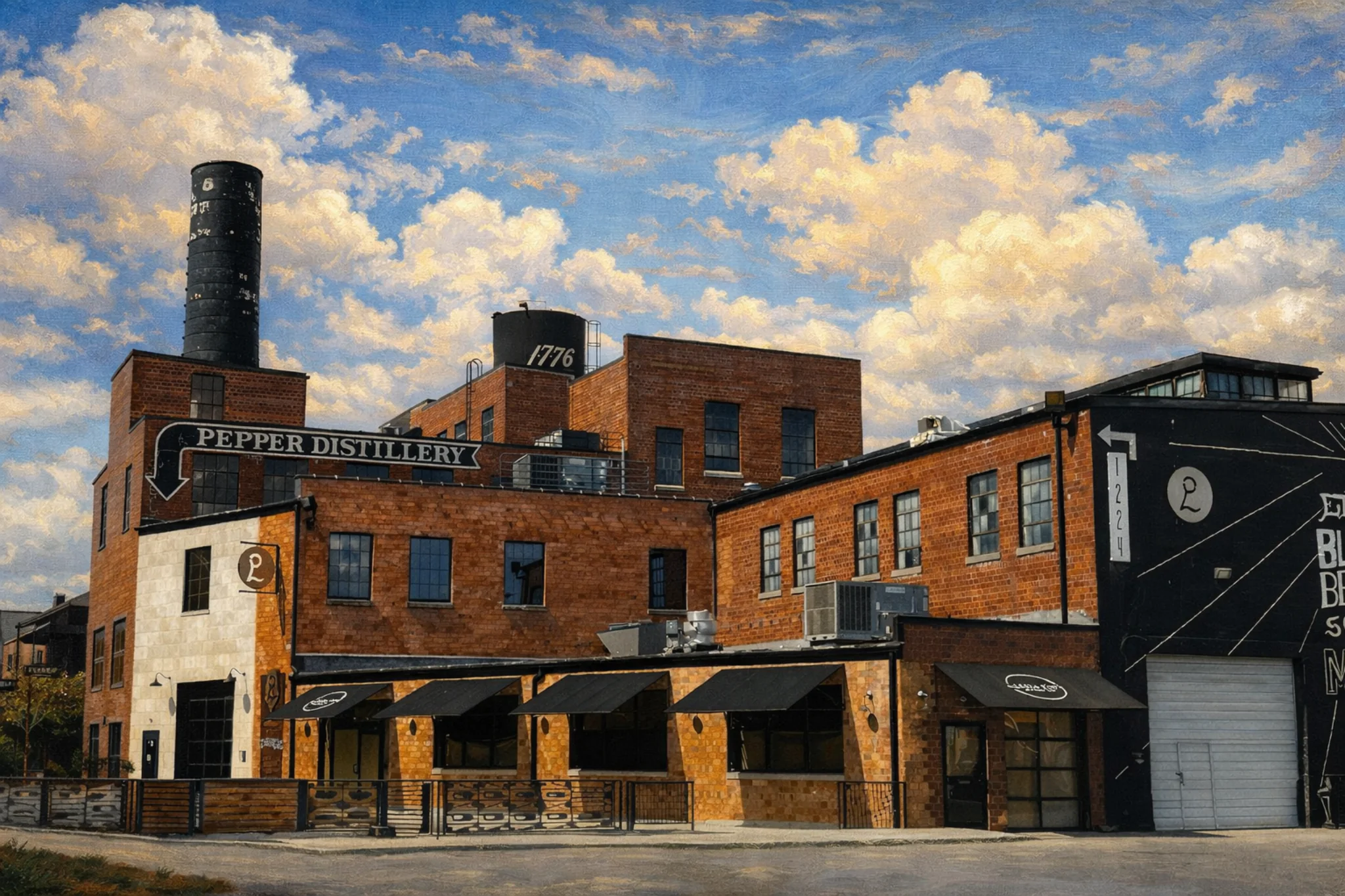Brick exterior of Pepper Distillery with large “PEPPER DISTILLERY” signage and black awnings along the front.