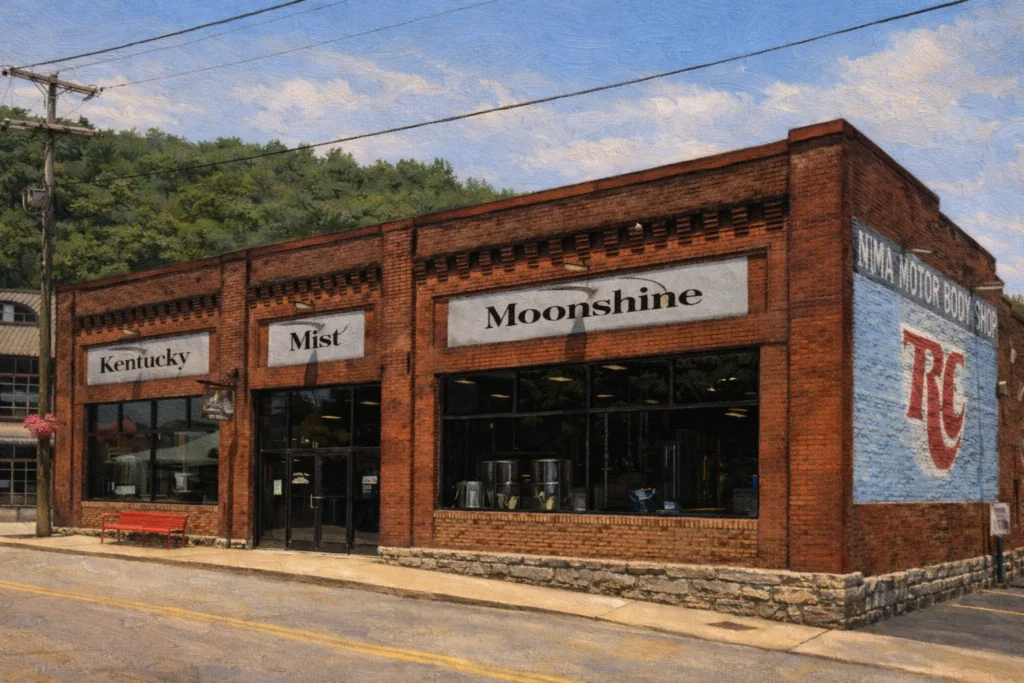 Exterior corner view of Kentucky Mist Distillery in Whitesburg, Kentucky with Moonshine signage and an RC mural on the side wall.