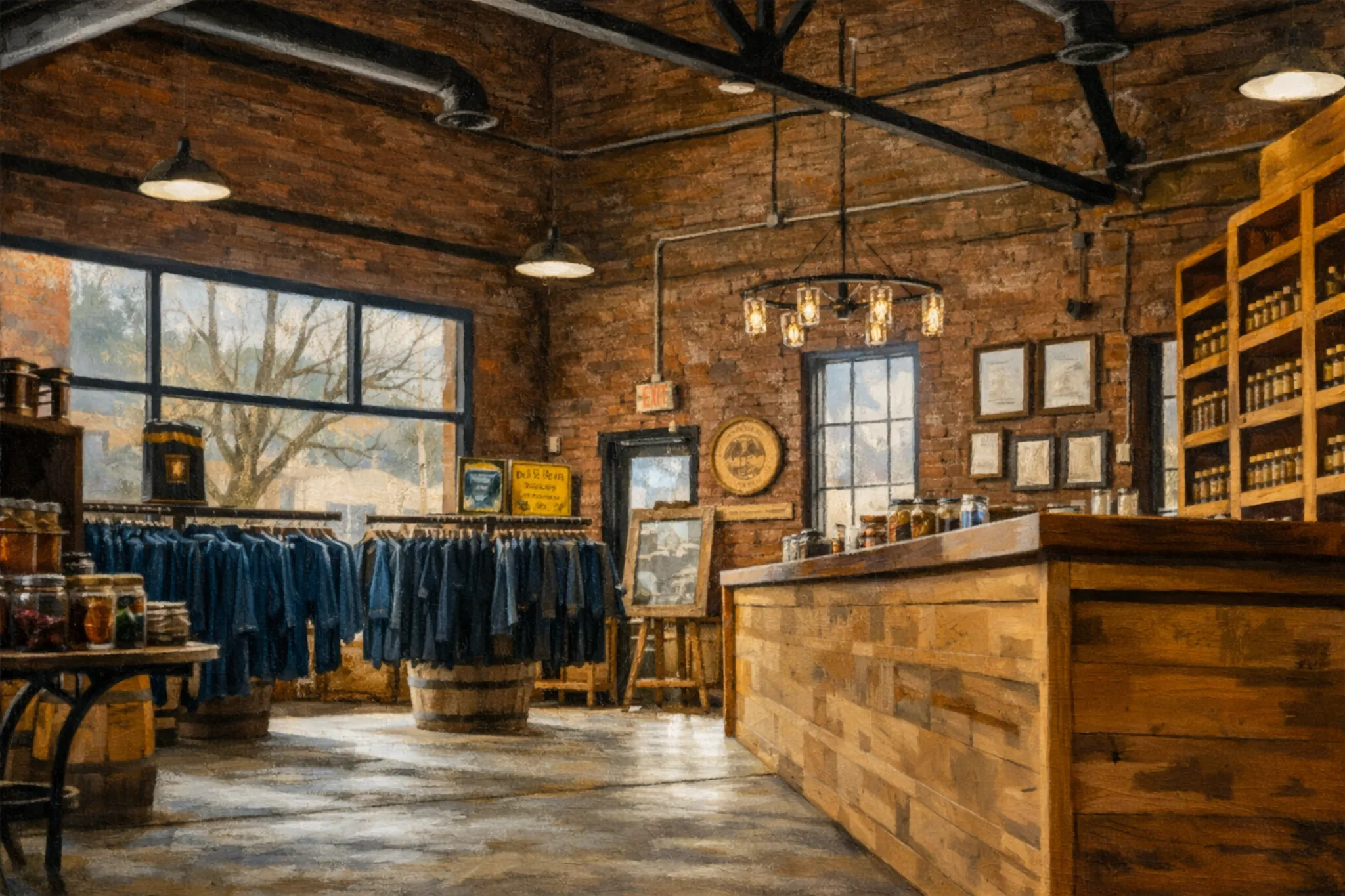 Gift shop inside Kentucky Mist Distillery in Whitesburg, Kentucky with a wood counter, merchandise shelves, and clothing racks.