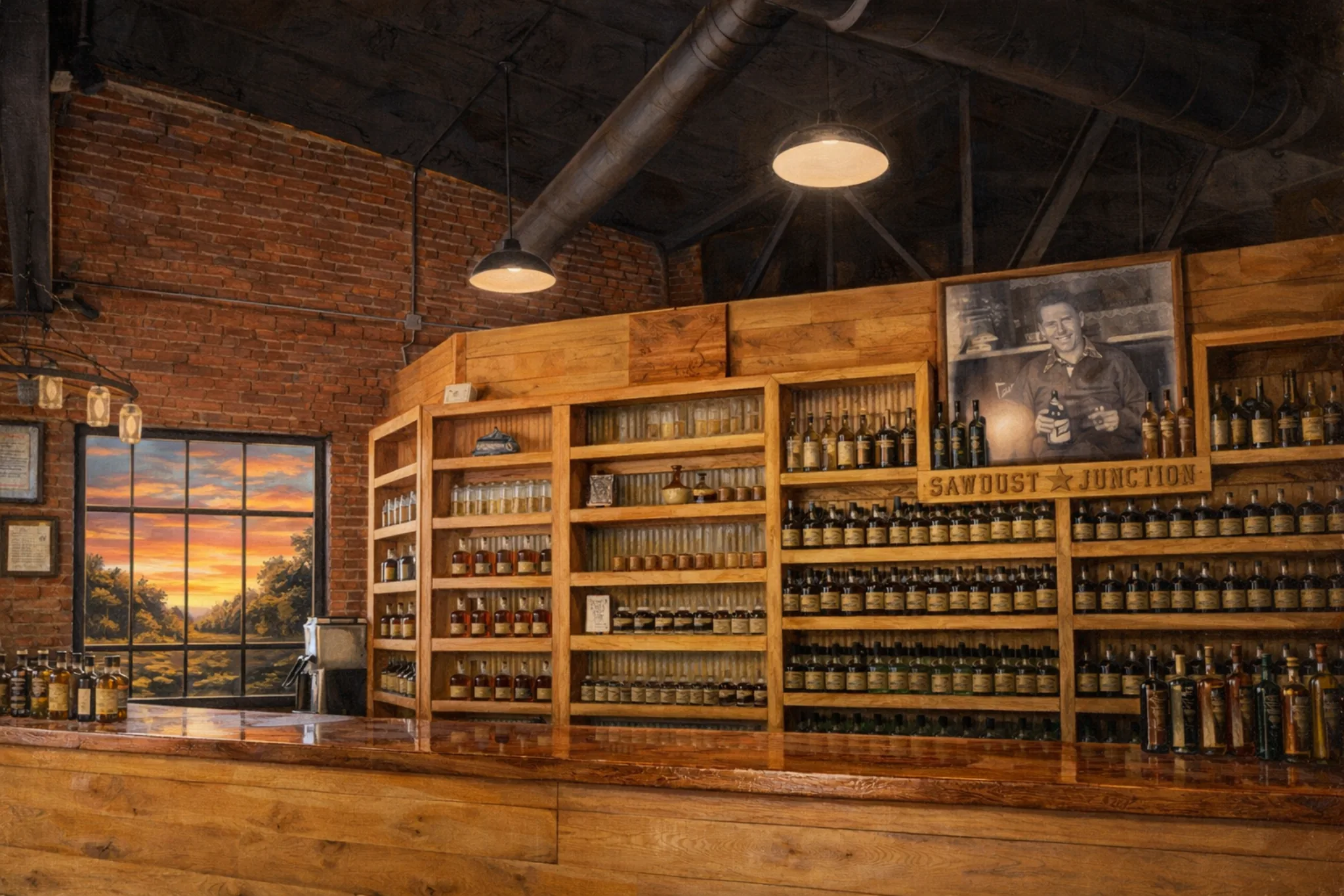 Kentucky Mist Distillery tasting bar in Whitesburg, Kentucky with a large Kentucky Mist sign on a wood wall behind the bar.