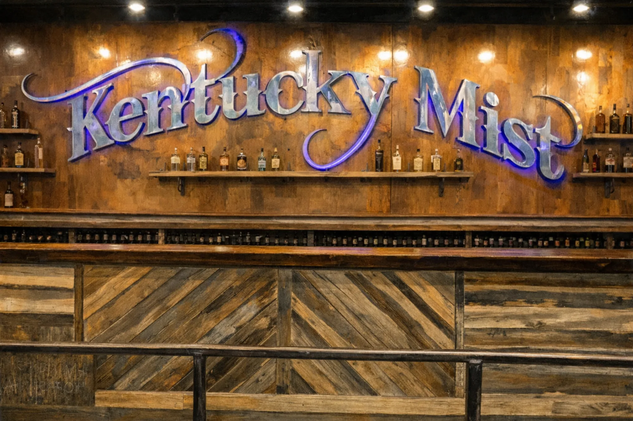 Bar interior at Kentucky Mist Distillery in Whitesburg, Kentucky with wood shelves of bottles and a Sawdust Junction sign.