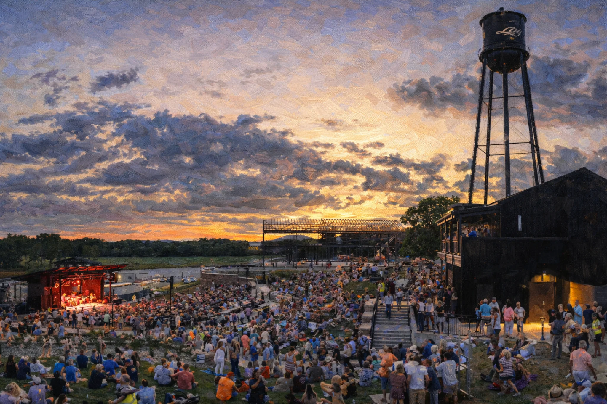 Crowd gathered at "The Amp" Log Still Distillery's amphitheater at sunset with a concert going on and the water tower overlooking the venue.