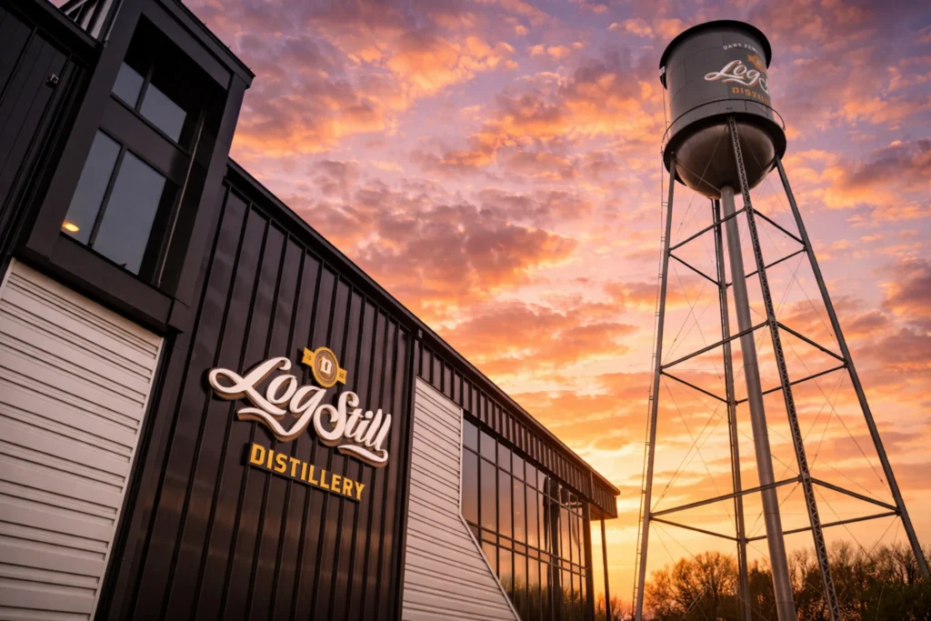 Log Still Distillery building and water tower at sunset in Kentucky with the Log Still Distillery sign visible.