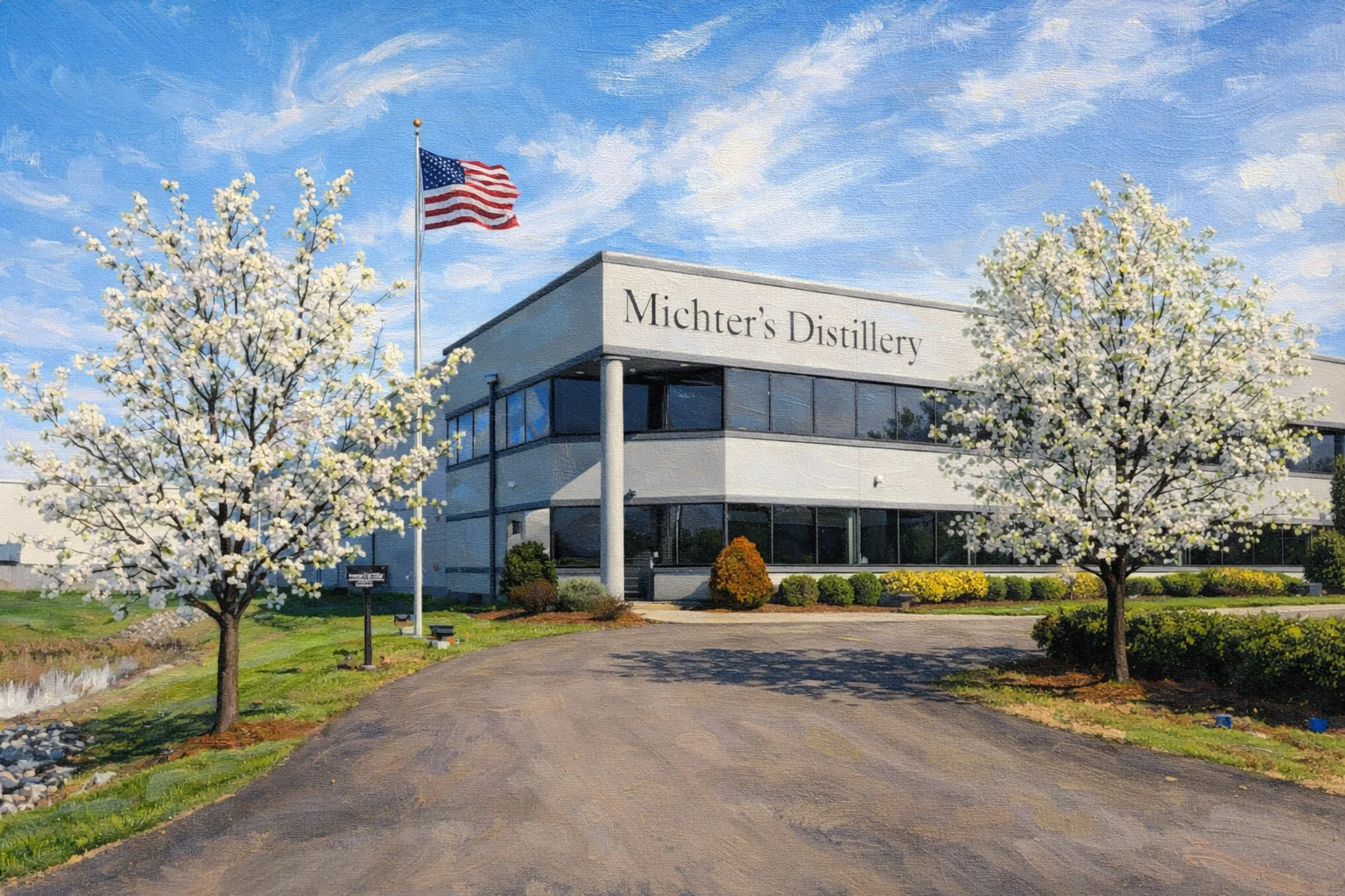 Exterior of Michter’s Shively Distillery in Louisville, Kentucky with a modern white building, American flag, and blooming trees along the driveway.