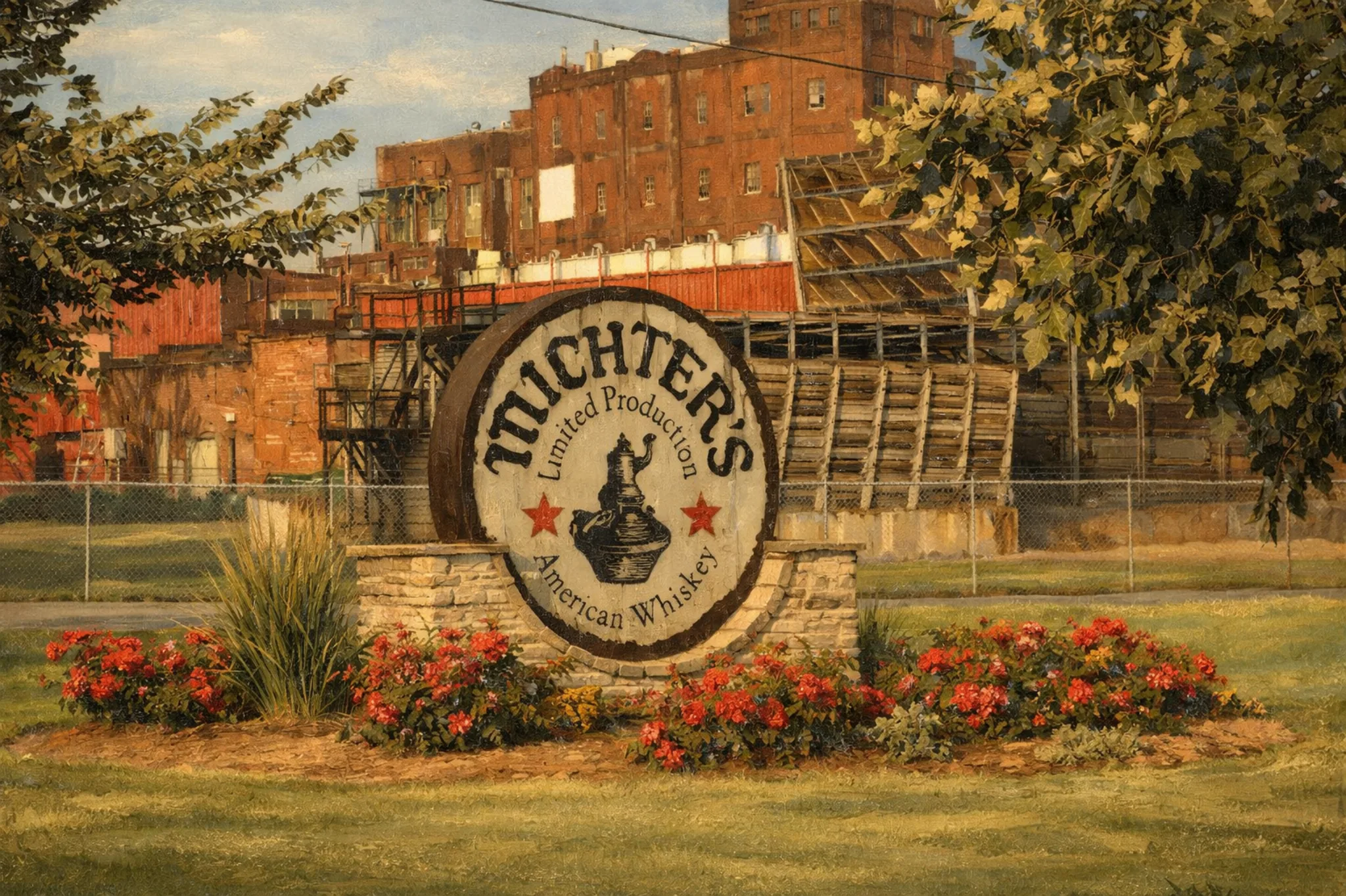 Michter’s Shively Distillery sign reading “Michter’s Limited Production American Whiskey” in front of the distillery buildings in Louisville, Kentucky.
