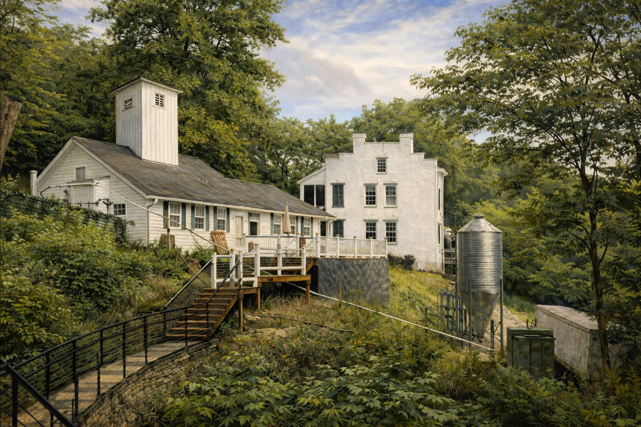 Old Pogue Distillery campus view with the small distillery building, larger white house, and a metal silo surrounded by trees.