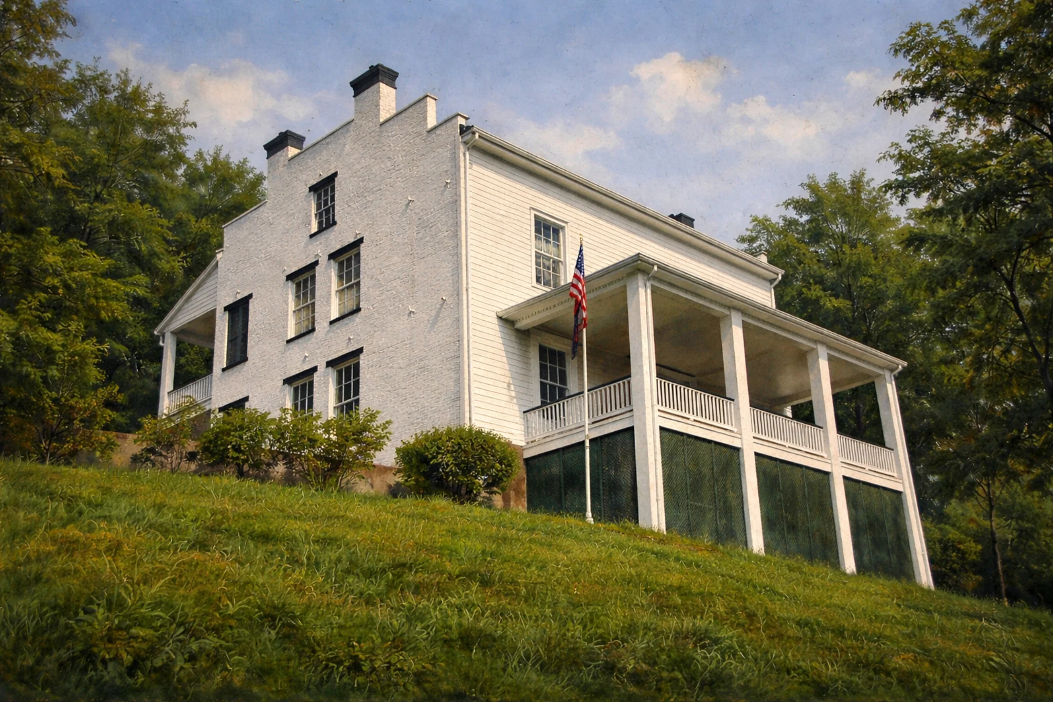 White historic building at Old Pogue Distillery on a grassy hillside with a covered porch and American flag.
