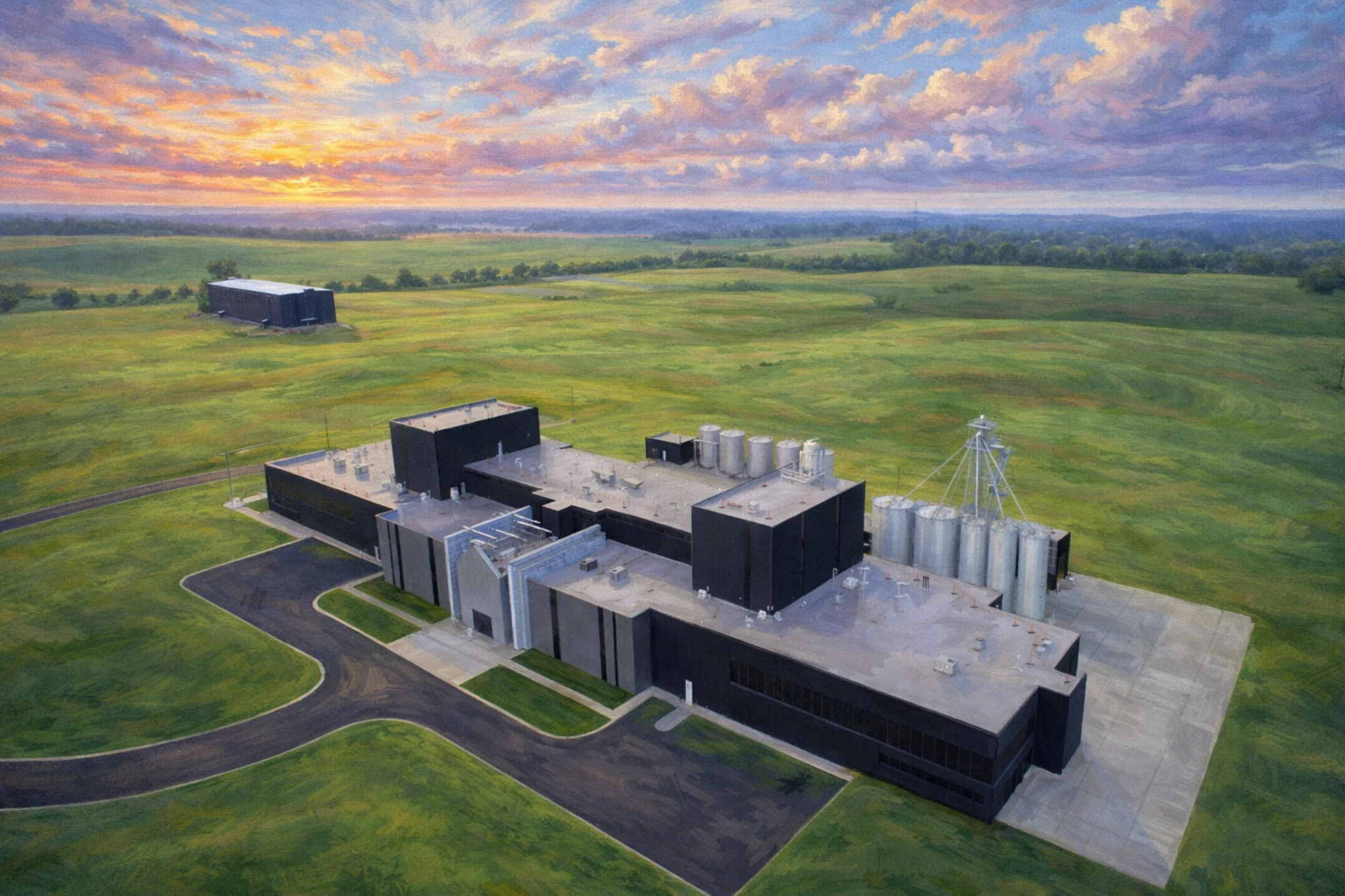 Angled aerial view of the Whiskey House facility at sunrise showing the full complex with silver silos and surrounding farmland.