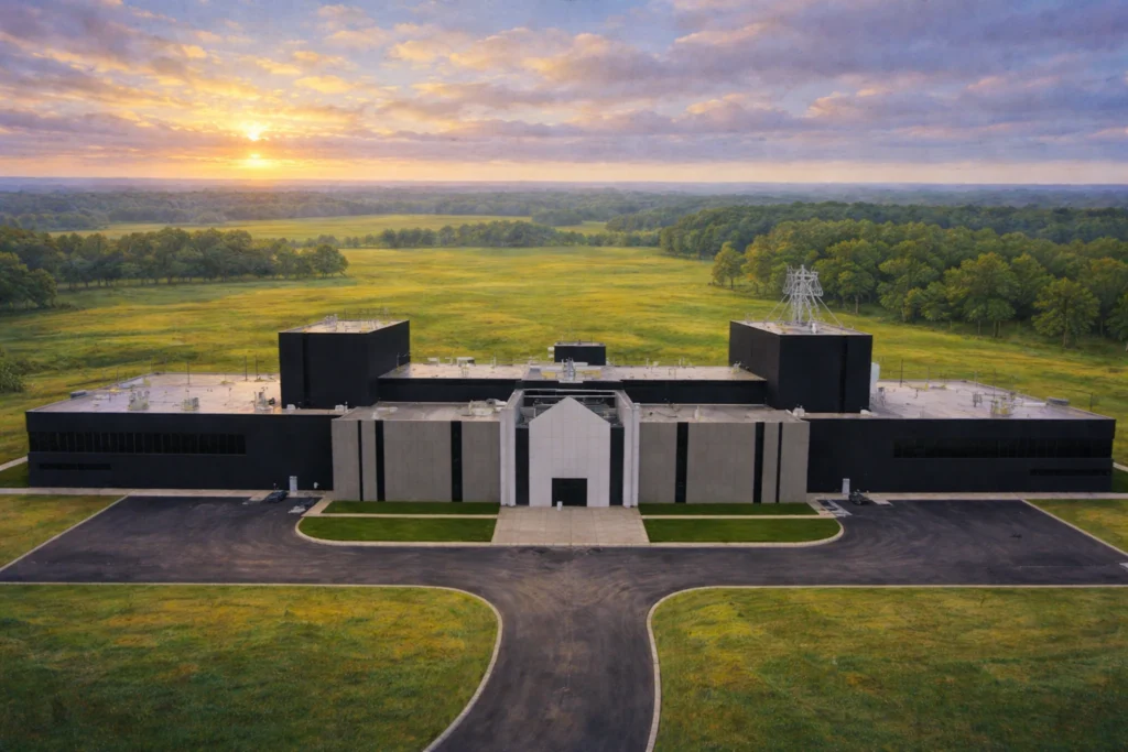 Aerial front view of the Whiskey House facility at sunrise with wide fields and tree lines in the background.