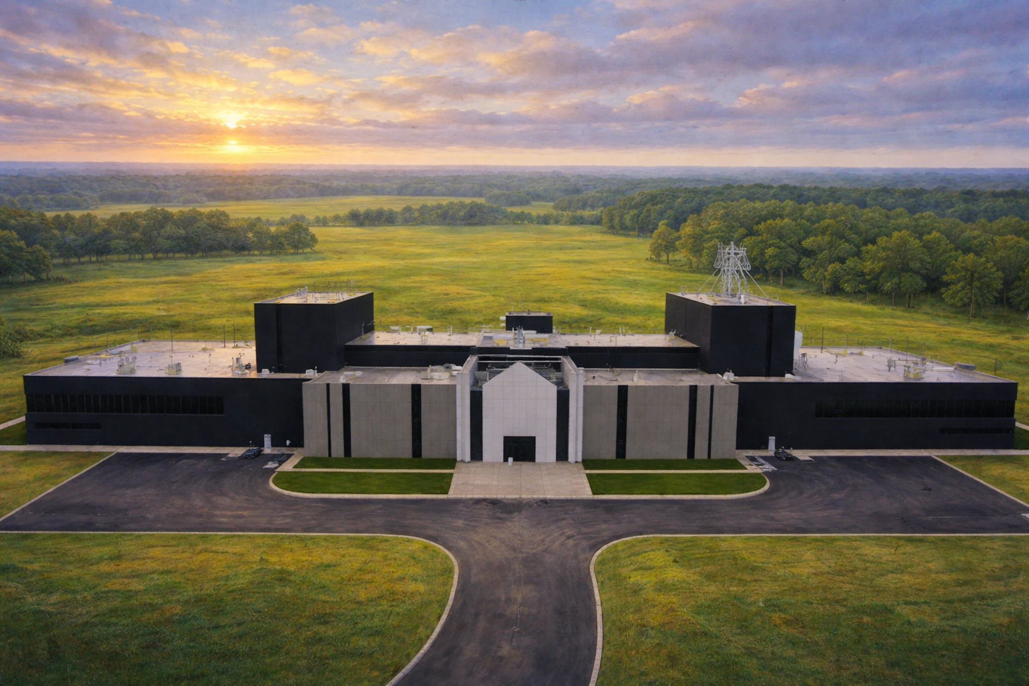 Aerial front view of the Whiskey House facility at sunrise with wide fields and tree lines in the background.