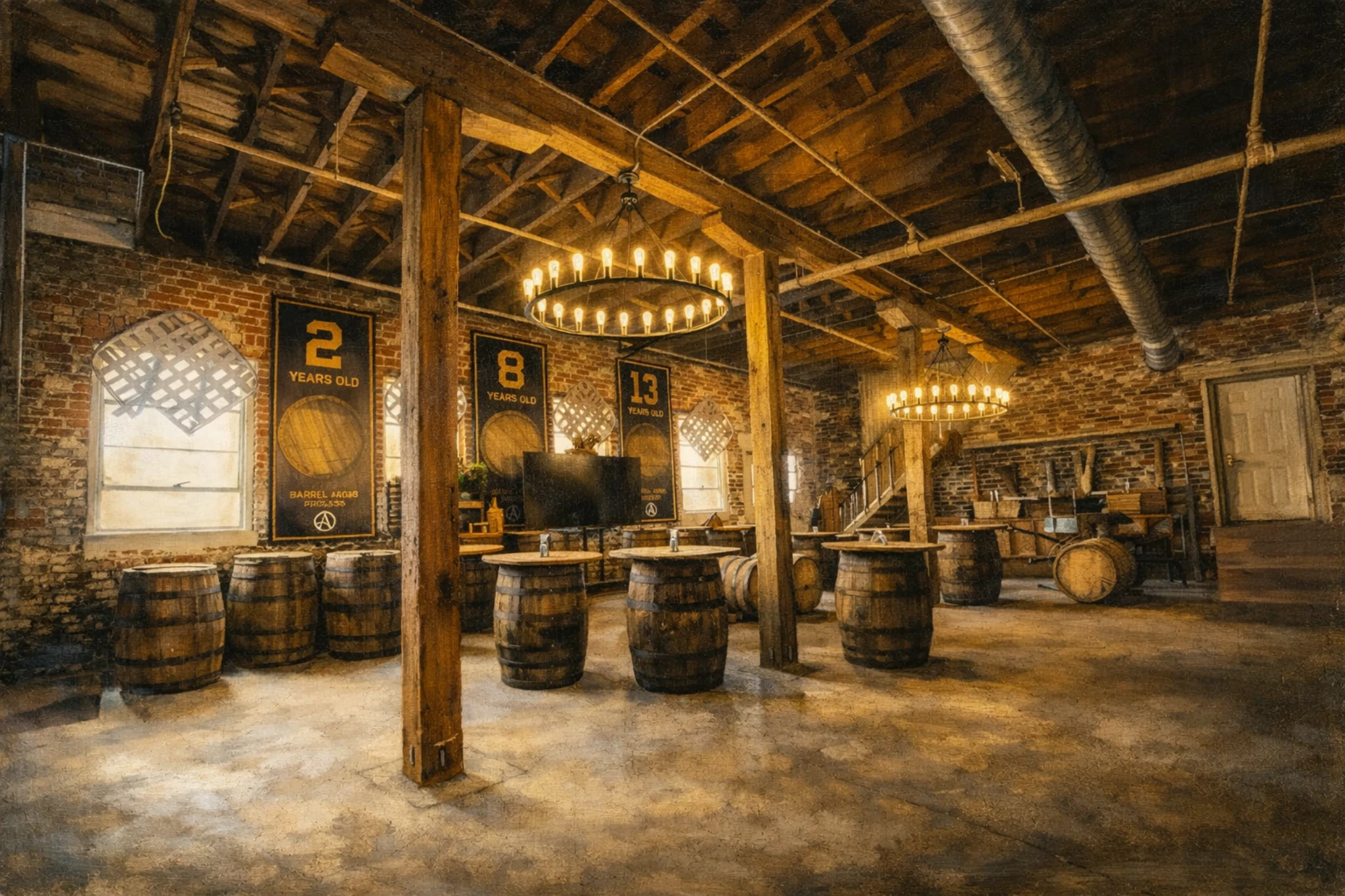 A rustic barrel-room event space at Augusta Distillery with exposed brick walls, wooden beams, aging barrels used as cocktail tables, and warm chandelier lighting.