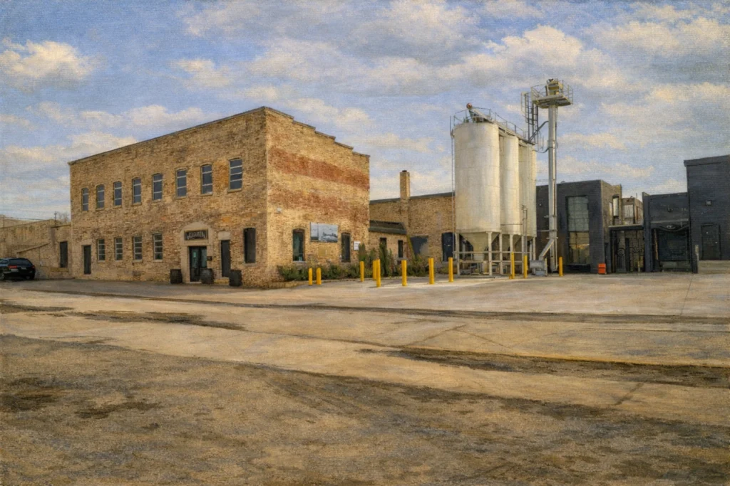 Exterior view of Augusta Distillery’s historic brick building with weathered texture, large industrial silos, and a modernized distillery expansion under a bright blue sky.