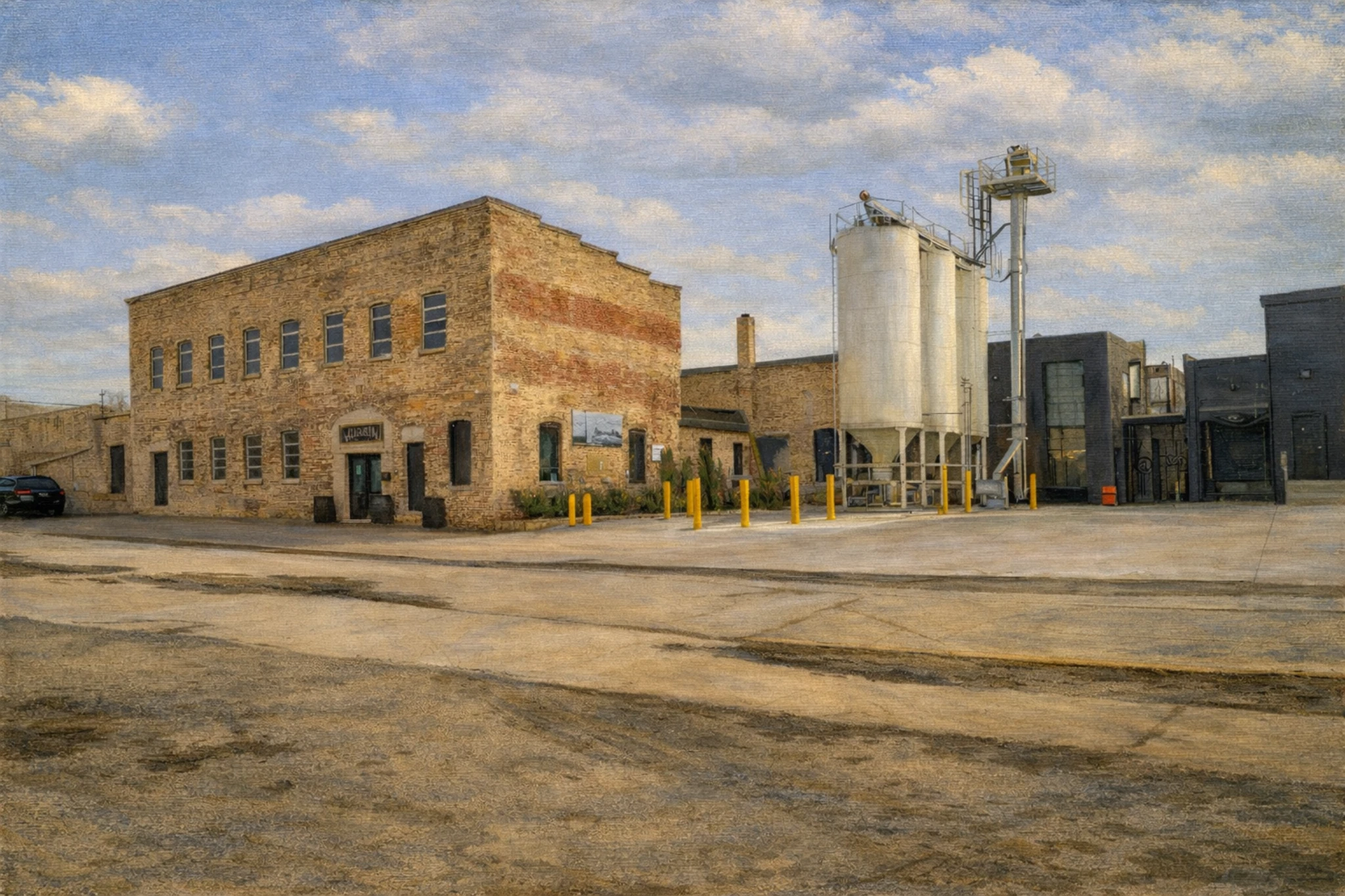 Exterior view of Augusta Distillery’s historic brick building with weathered texture, large industrial silos, and a modernized distillery expansion under a bright blue sky.