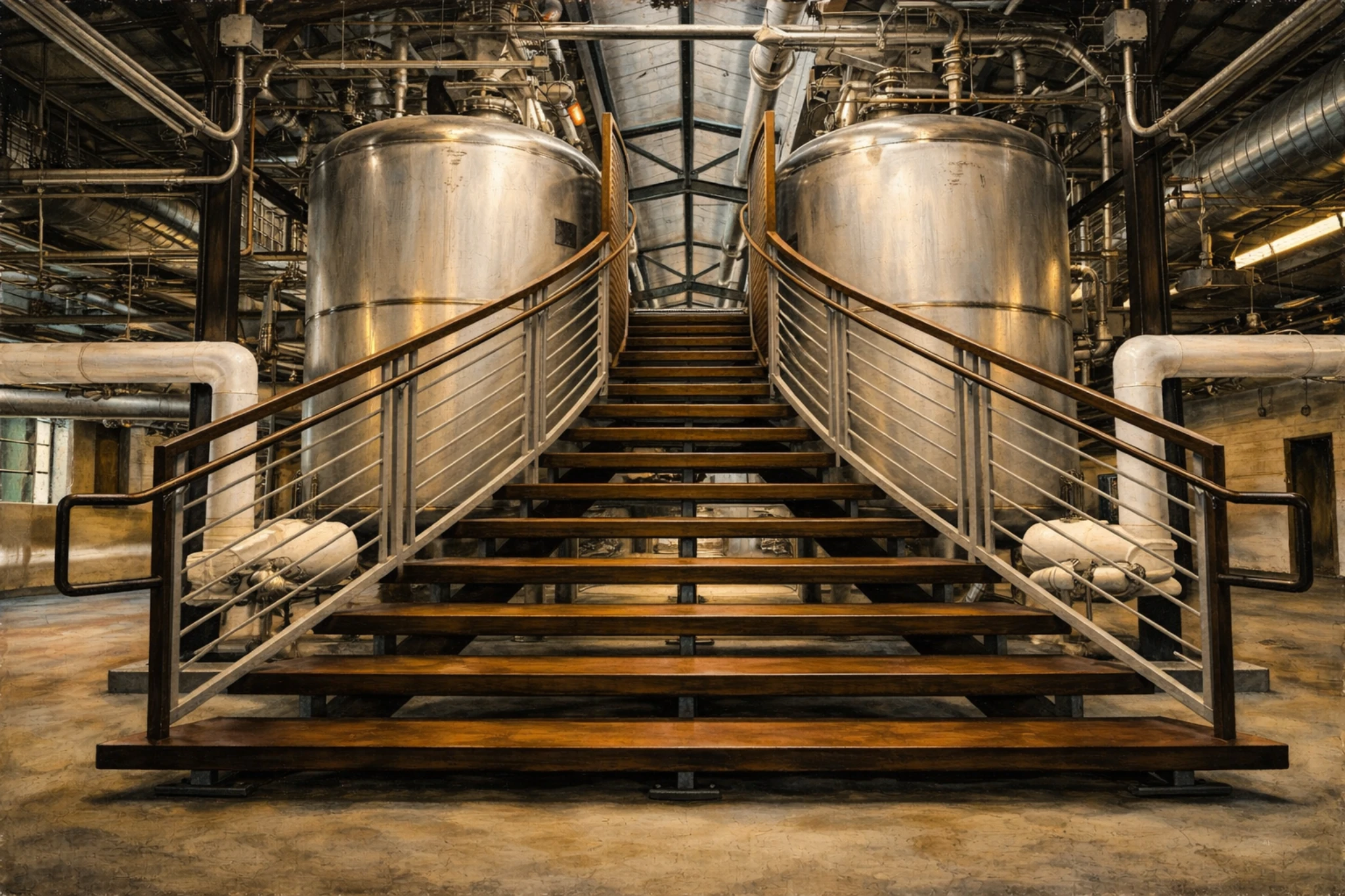 A dramatic staircase leading up between two massive stainless-steel distillation tanks inside Augusta Distillery, surrounded by pipes, catwalks, and industrial architecture.