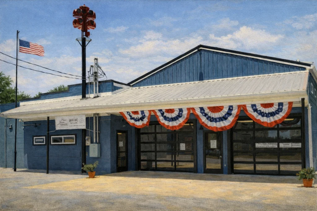 Exterior of B.H. James Distillers, a repurposed firehouse building that is now used as a craft distillery.