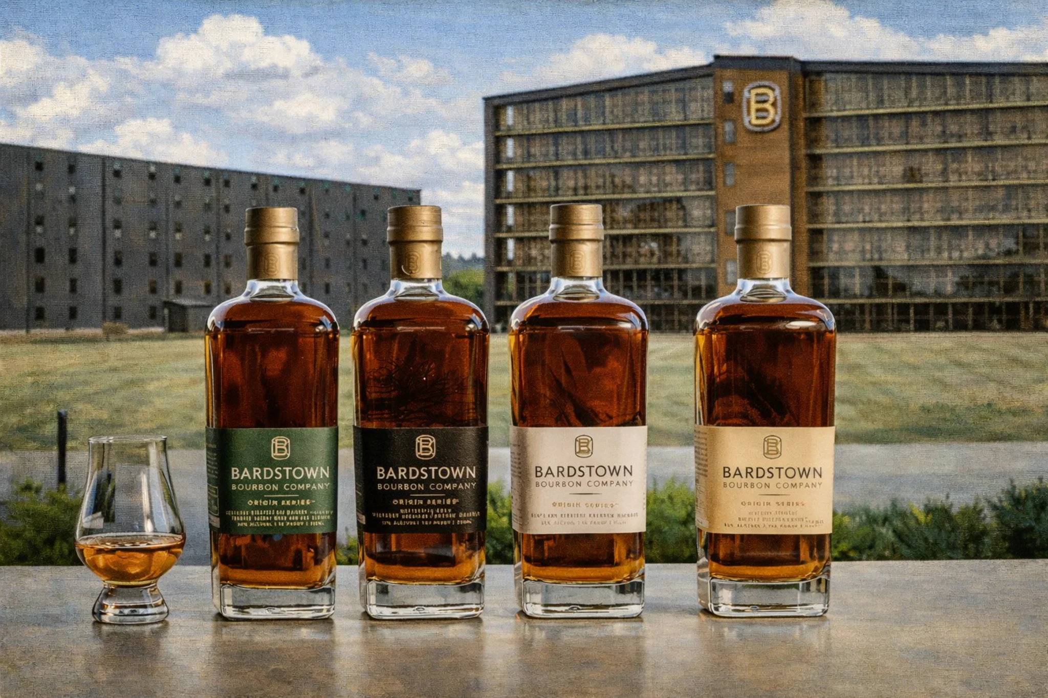 Bottles of Bardstown Bourbon Company bourbon line-up displayed outdoors with the distillery campus in the background.