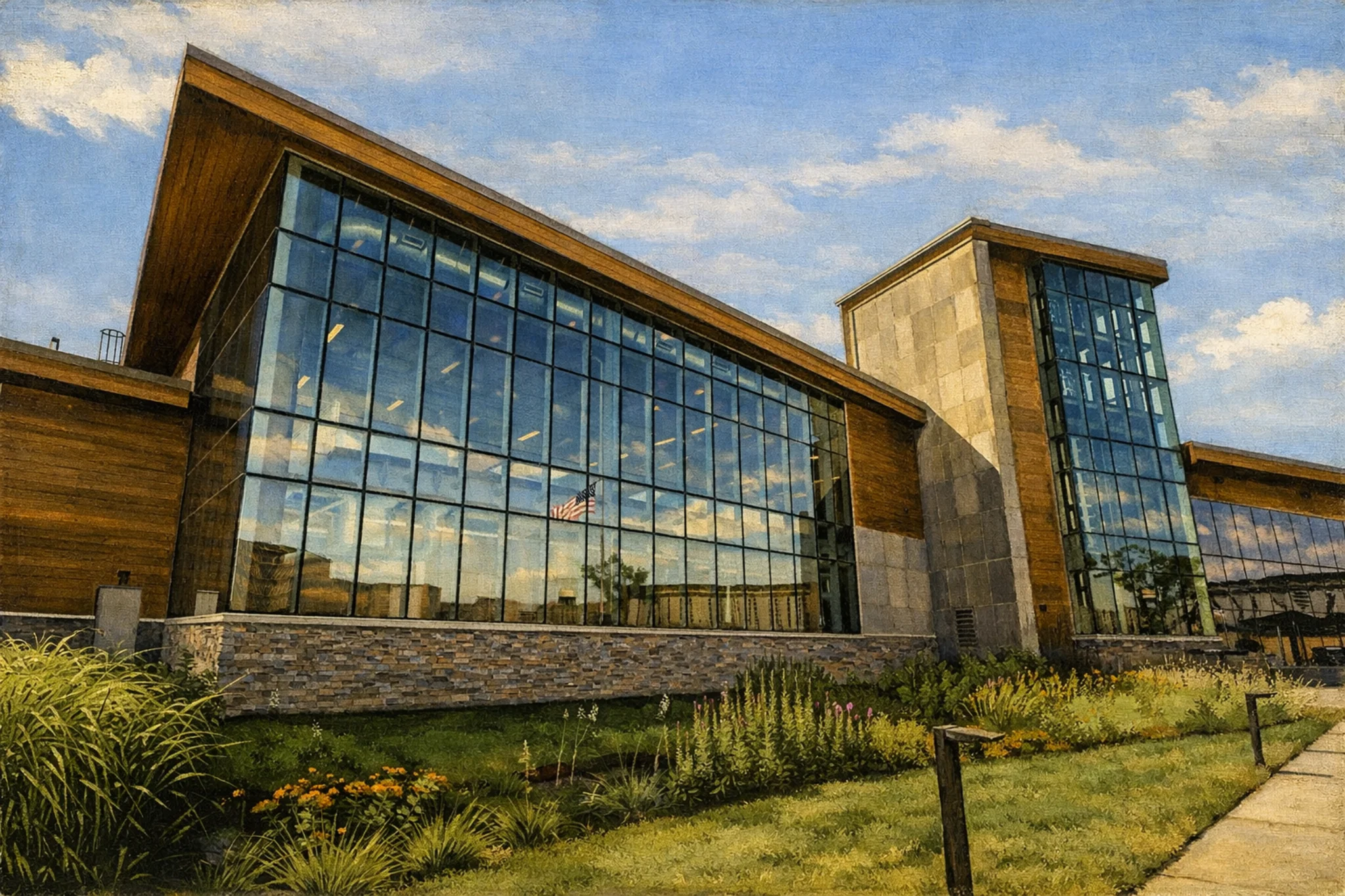 Exterior view of Bardstown Bourbon Company main entrance showcasing a modern glass and wood façade.